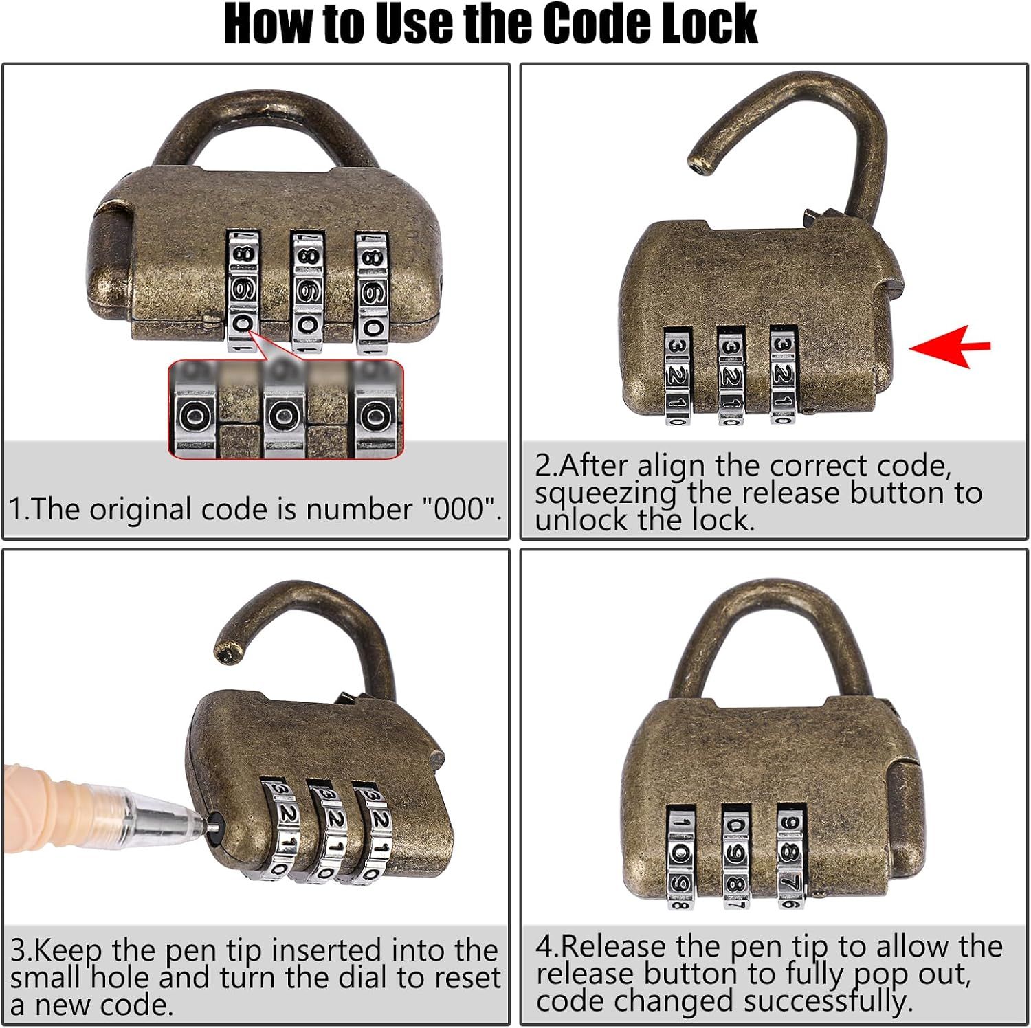 Explains the code lock parts and how to set and reset the combination. Walks shoppers through the four steps to unlock and reset the combination lock.