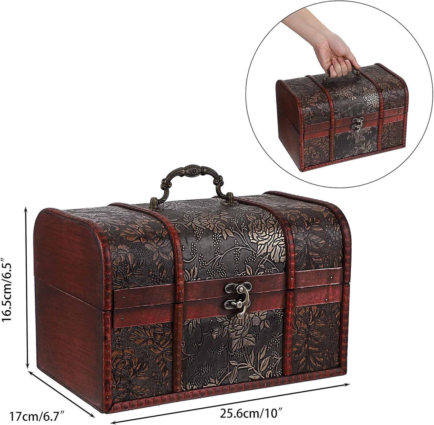 Shows the exact physical dimensions of the treasure chest so shoppers can judge its size before buying. Inset shows the handle makes the chest easy to carry.