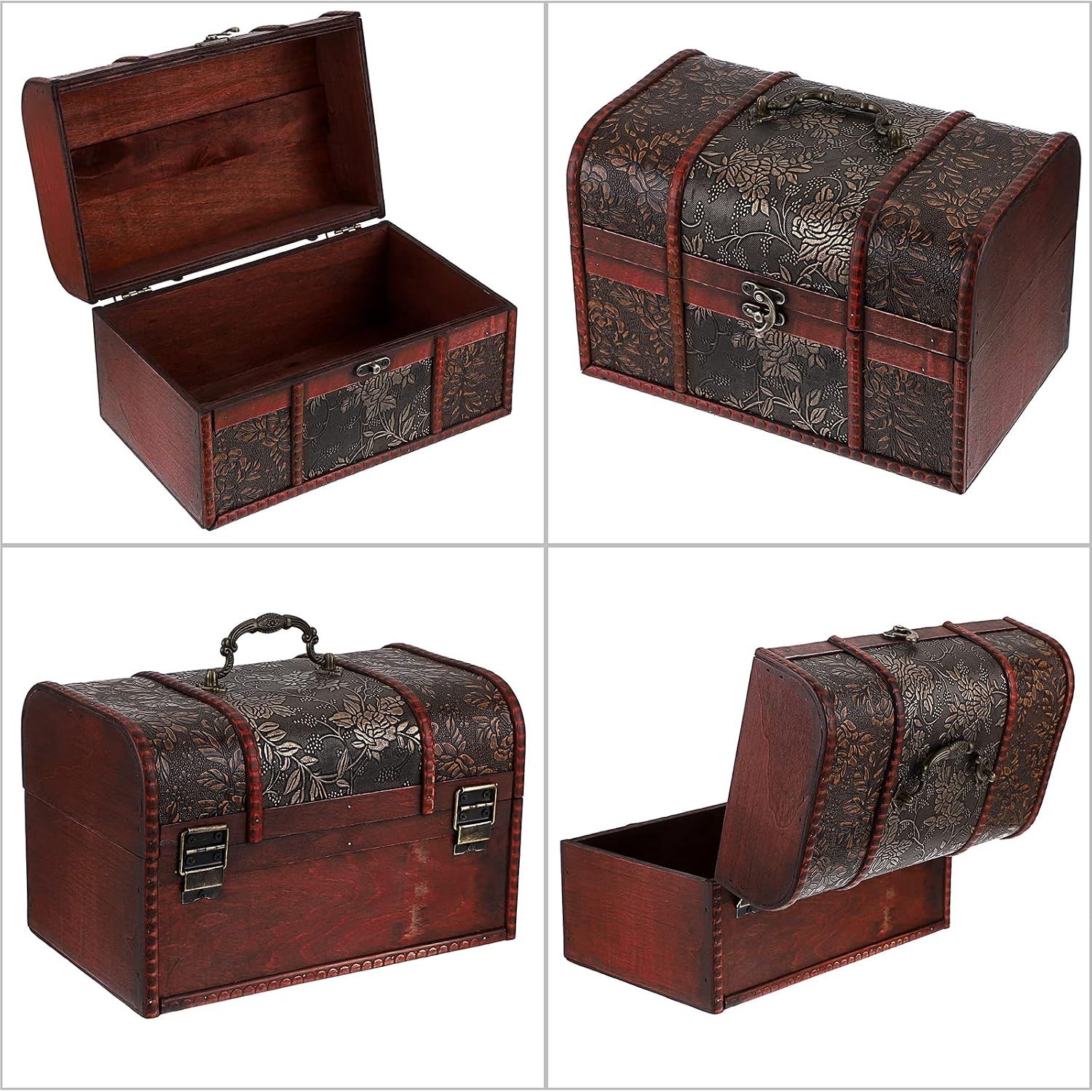 Four views highlight the interior storage, latch closure, handle, and embossed vintage finish in one layout.