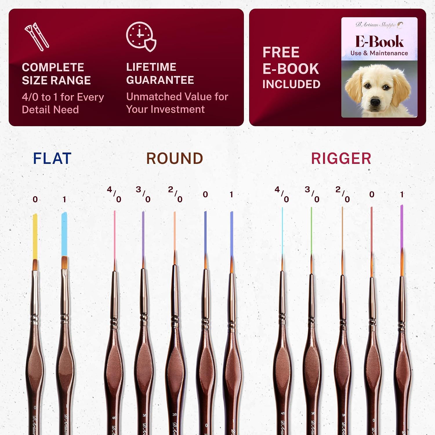 Shows the full range of brush tip sizes so shoppers can see the options for every detail need. Reinforces the brand value with a lifetime guarantee and a free e-book bonus.