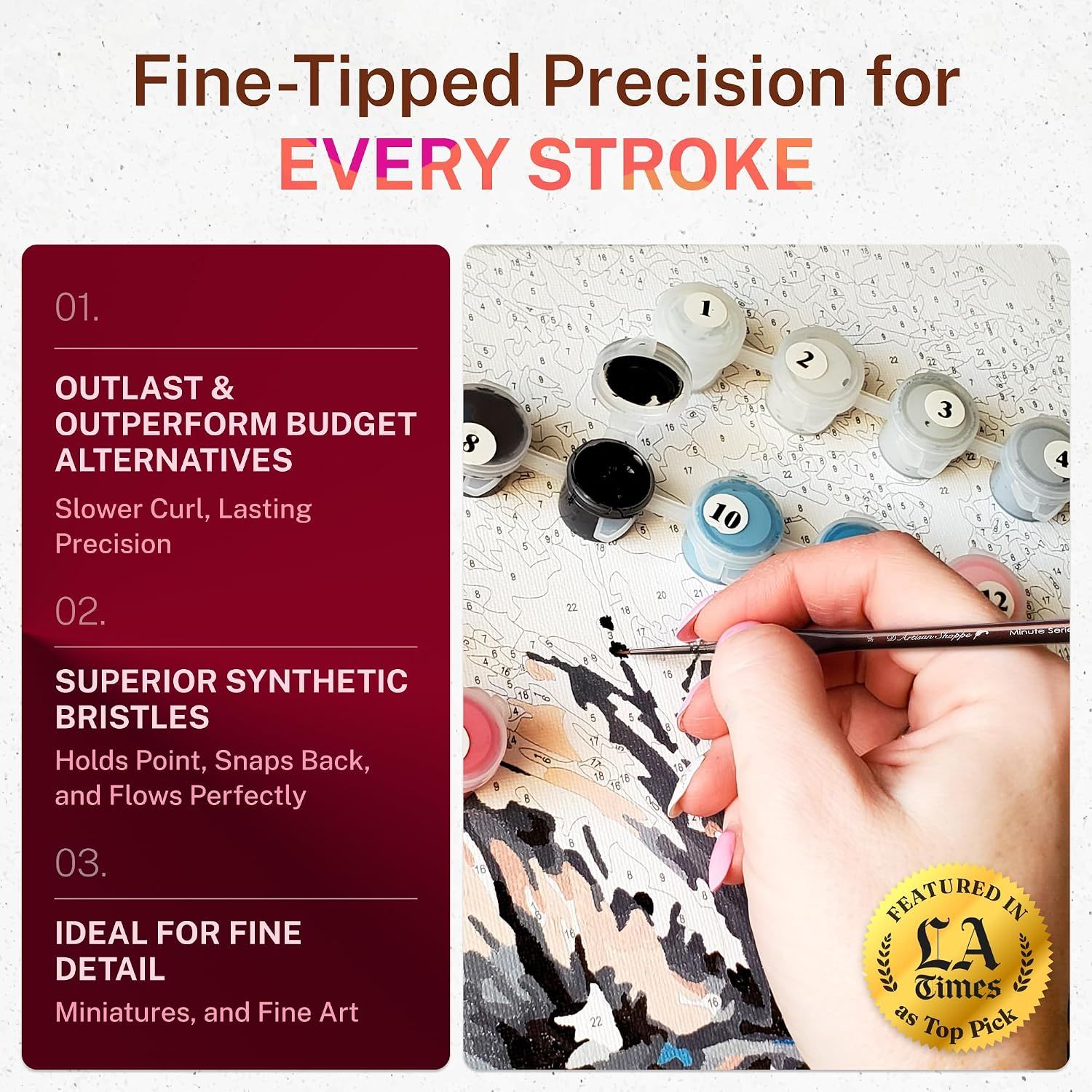 Communicates that the brush holds a fine point and delivers precise strokes for every detail. Lists three distinct performance benefits in segmented panels to justify the purchase over budget brushes.