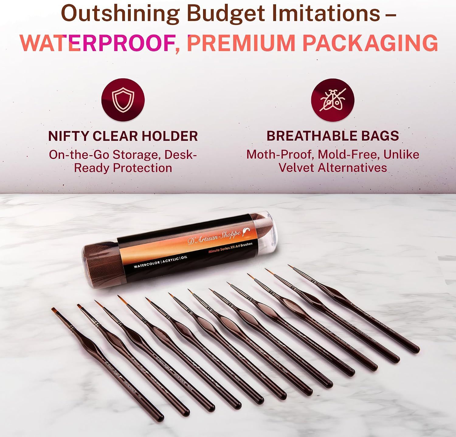 Positions the brush set as superior to budget imitations through waterproof and premium packaging claims. Shows segmented storage and protection benefits including the clear holder and moth-proof,…