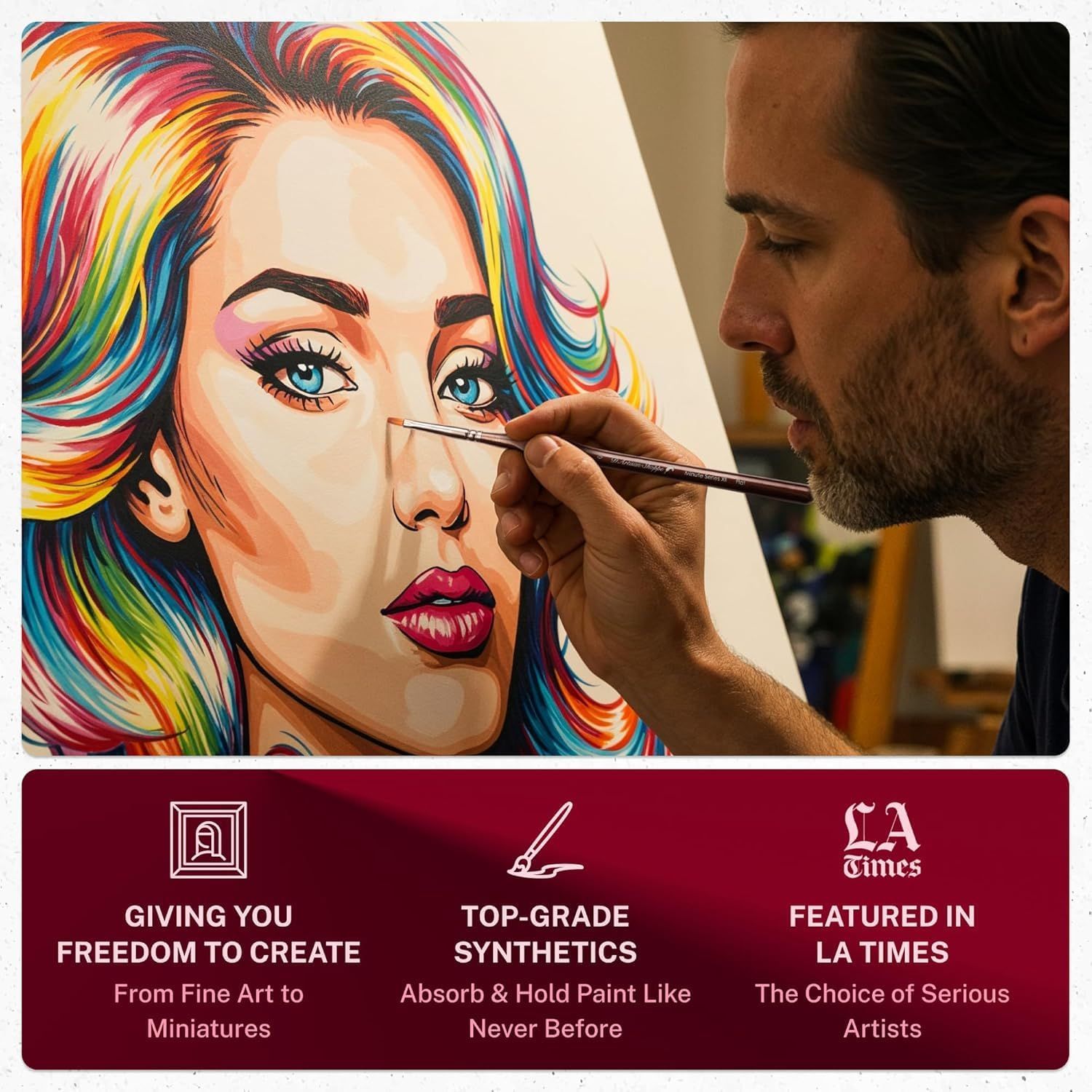 Shows the brush used for fine art portraiture and detail work, signaling versatility across art styles. Builds trust through an LA Times endorsement and the claim that serious artists choose the…