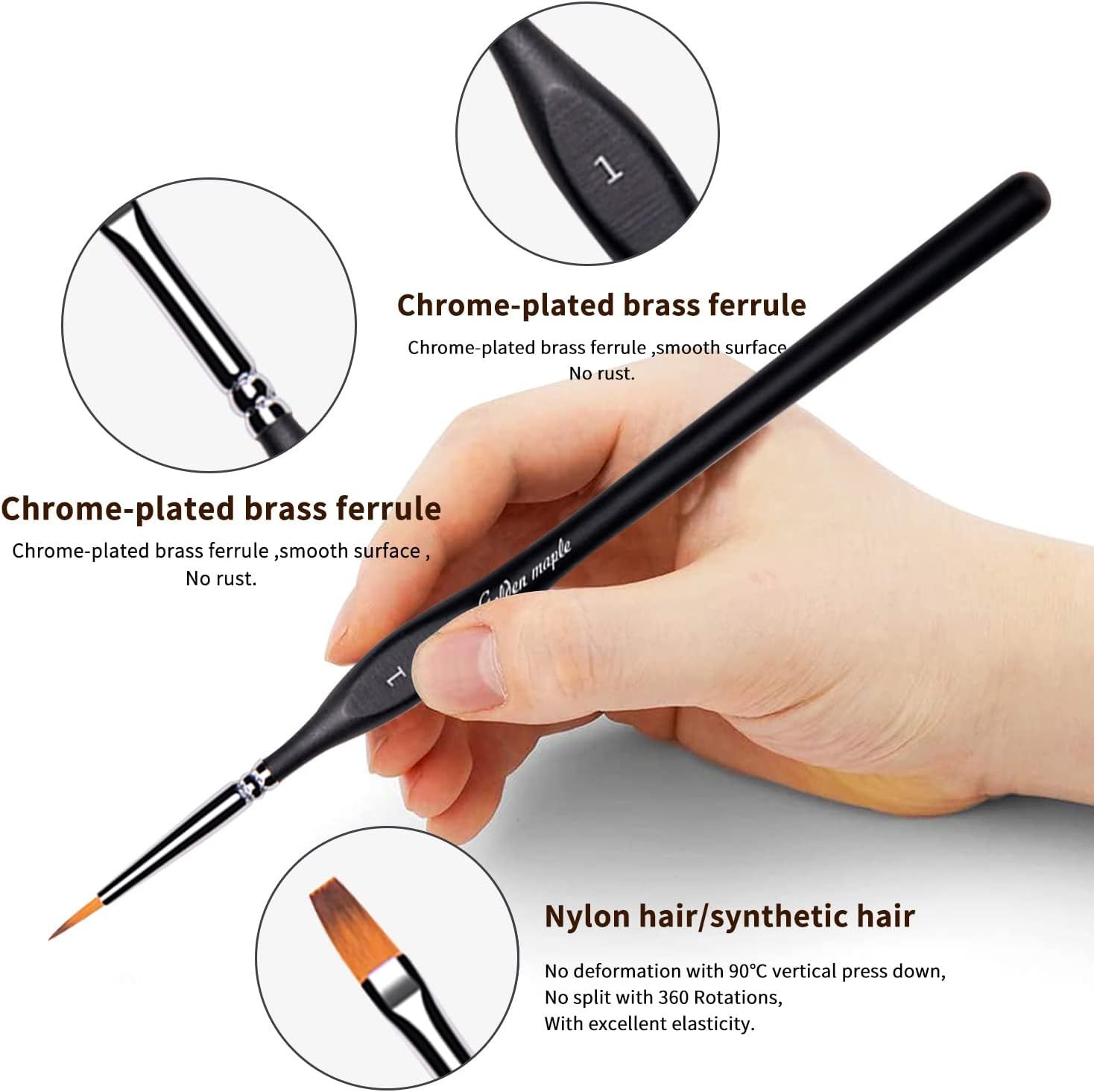 Highlights several build quality points including a rust-free ferrule and synthetic hair that resists deformation and splitting.