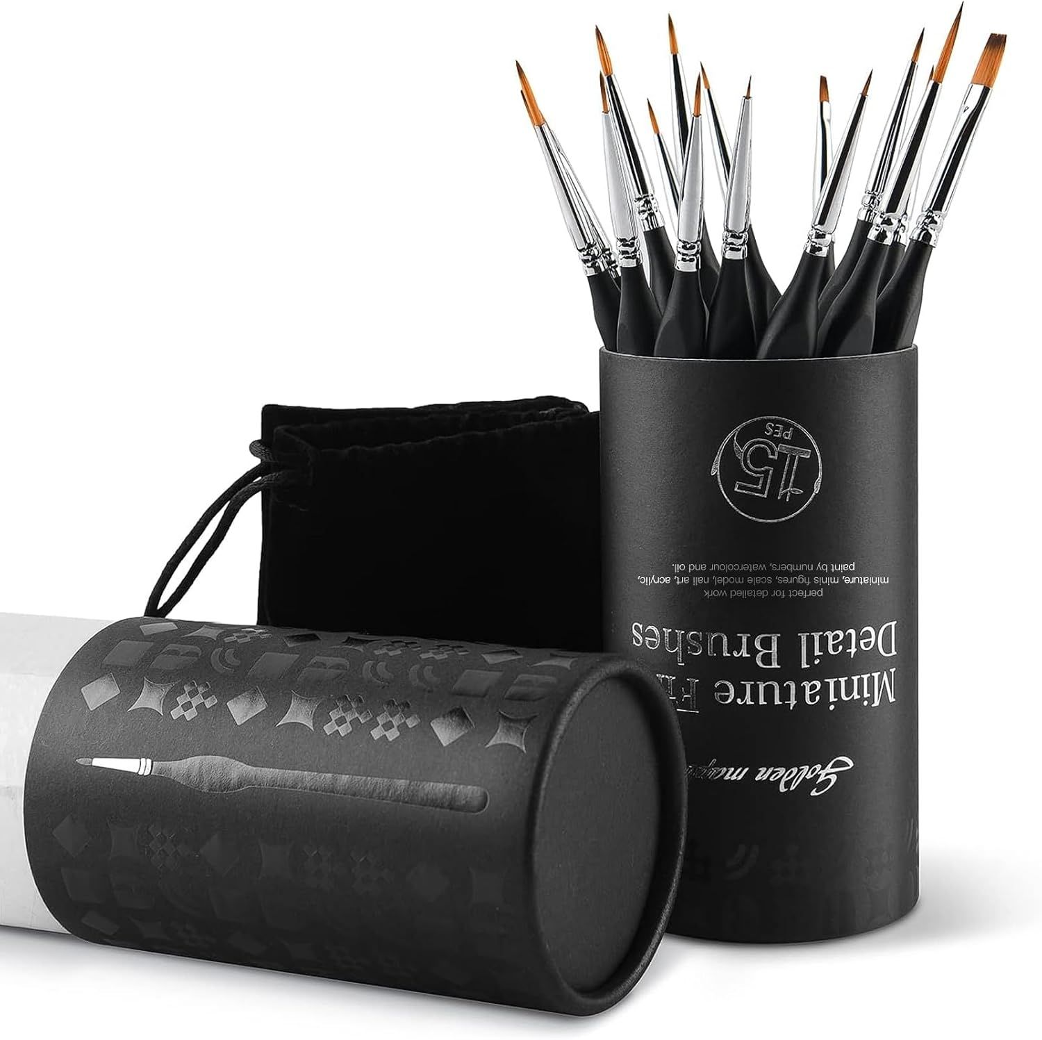 Shows the full set of 15 detail brushes along with the velvet pouch and tube packaging the buyer receives.