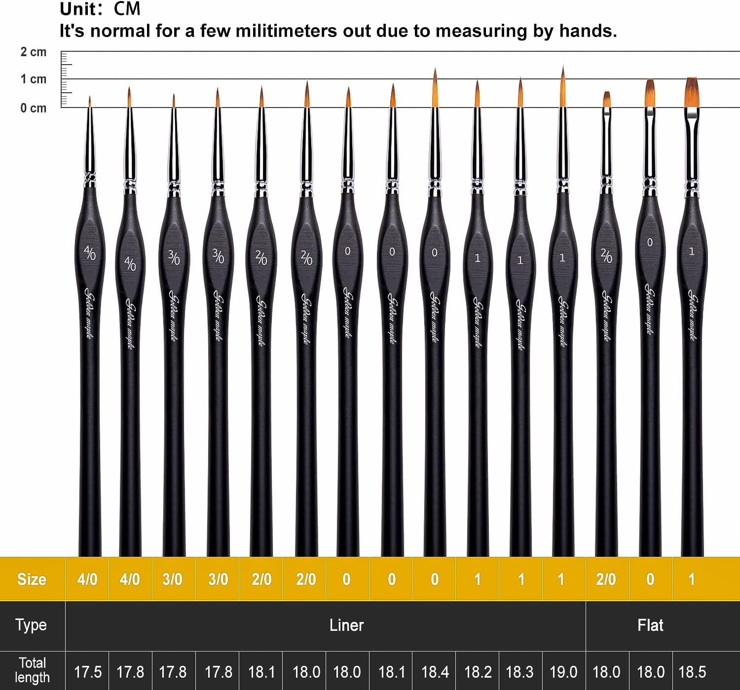 Shows the physical length of each brush against a centimeter scale so buyers know the exact dimensions of each size.