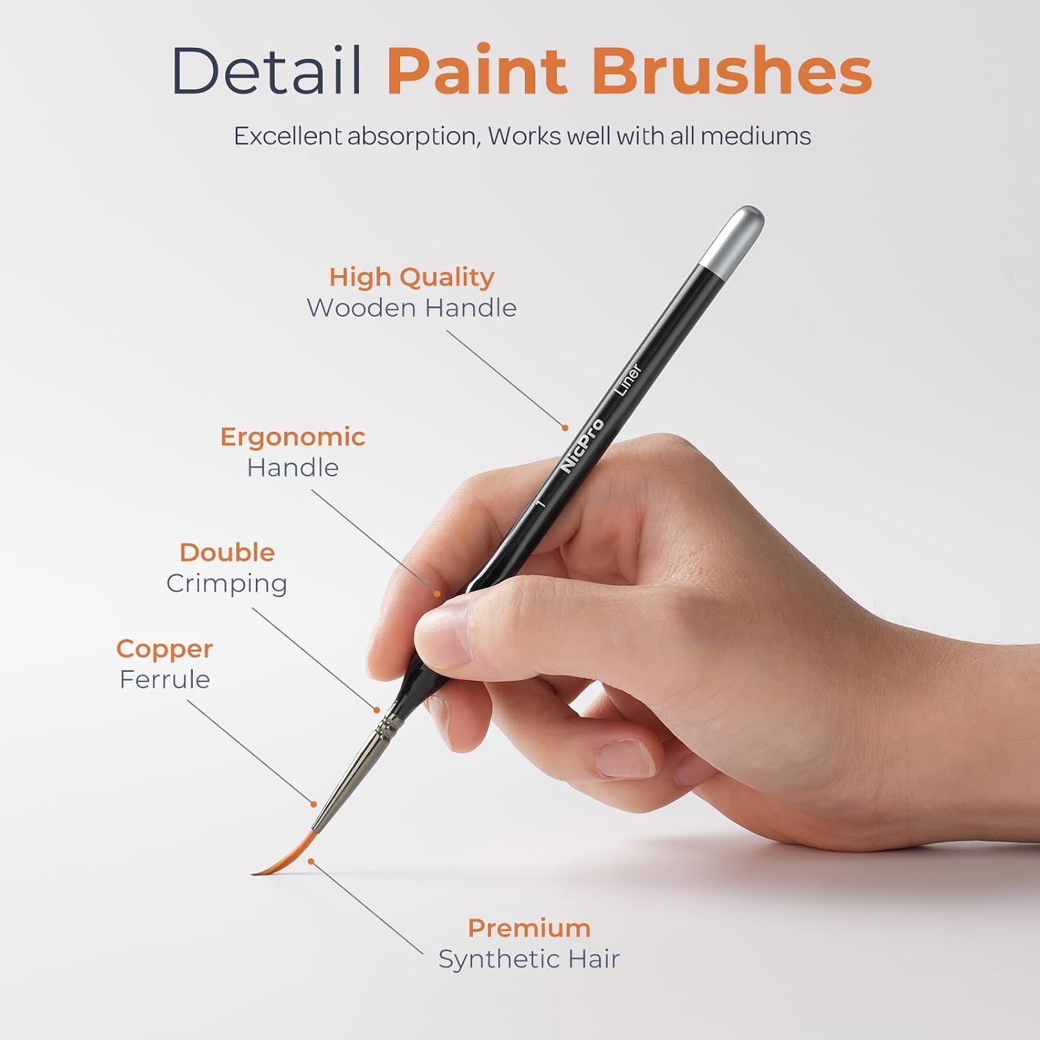 Labels the physical parts of the brush to show shoppers what it is made of and how it is built for quality detail work. Reassures shoppers the brush absorbs paint well and works with all mediums.