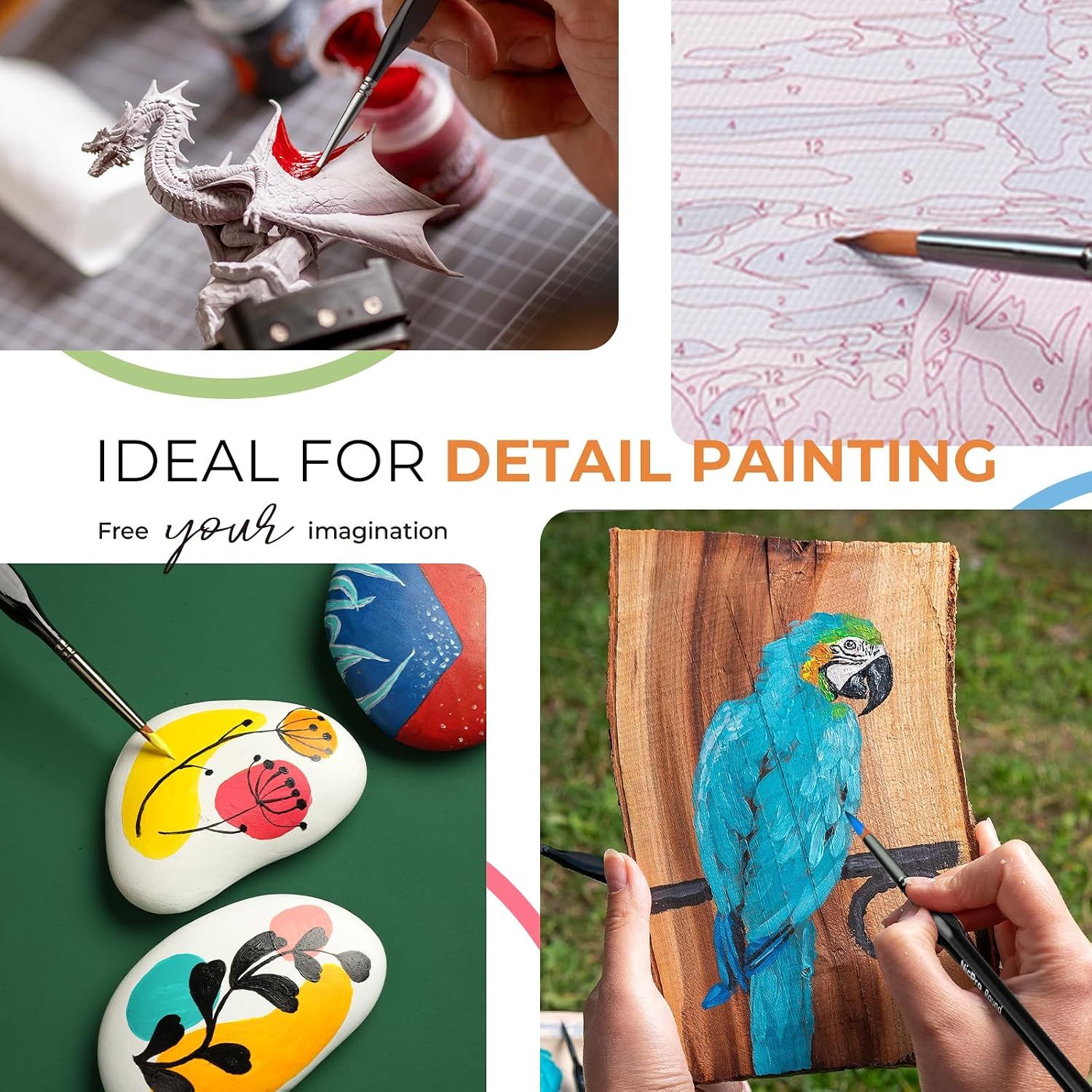Shows the brush used across multiple detail painting hobbies and surfaces. Communicates that the brush is ideal for detail painting and encourages creativity.
