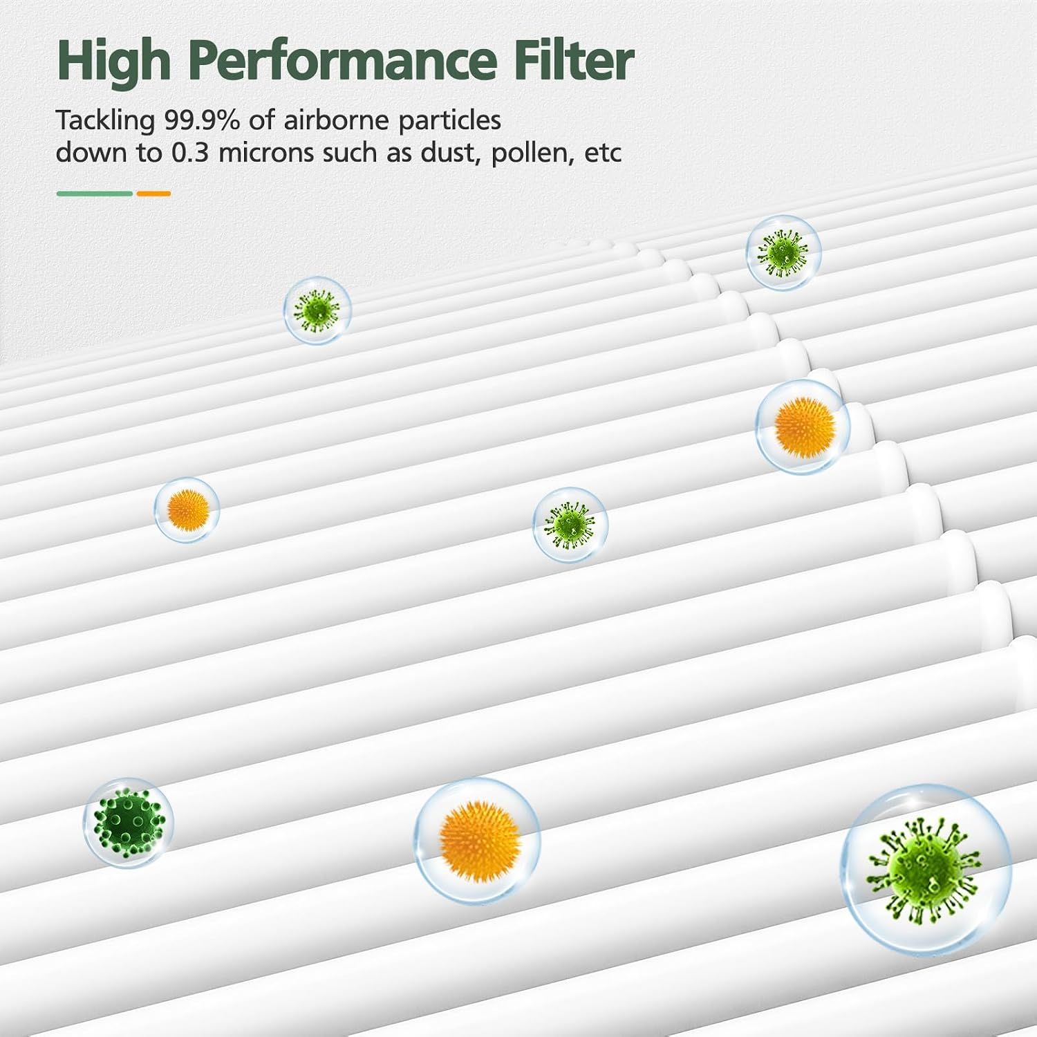 Highlights the high filtration efficiency of 99.9 percent of particles down to 0.3 microns. Reassures shoppers the filter captures dust, pollen and other fine airborne particles.