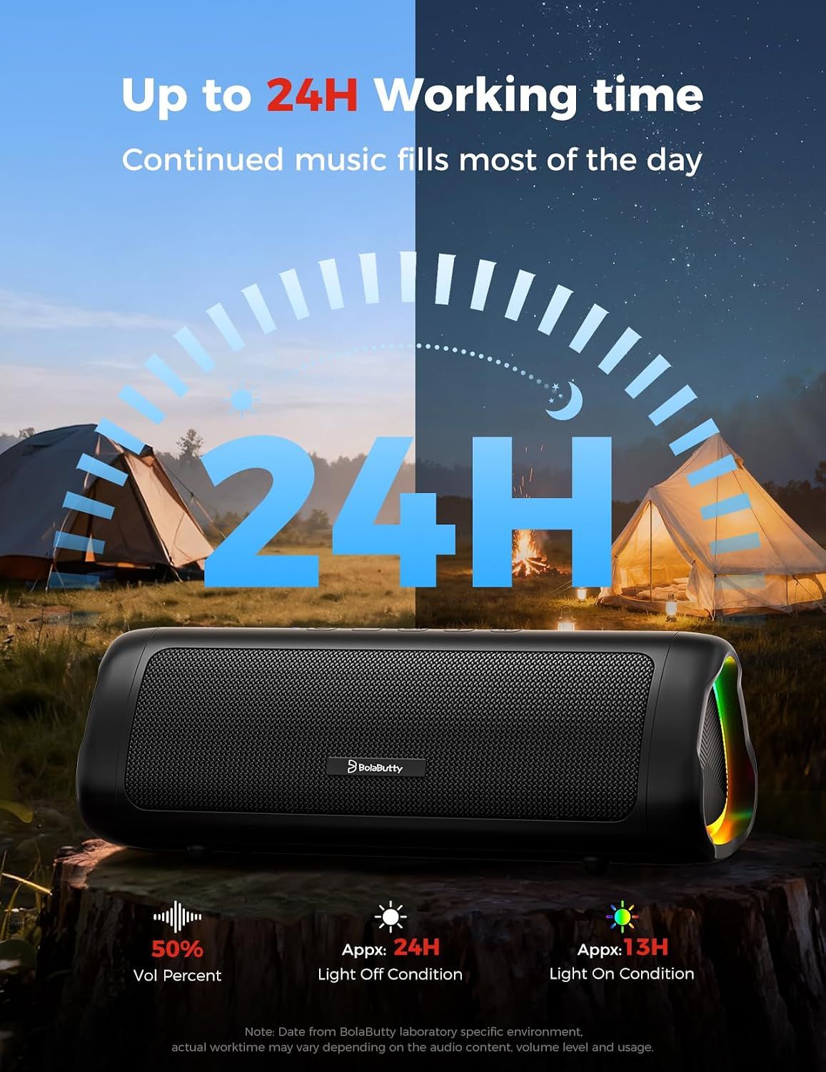 Highlights the 24-hour battery life as the bold headline stat to show all-day listening.