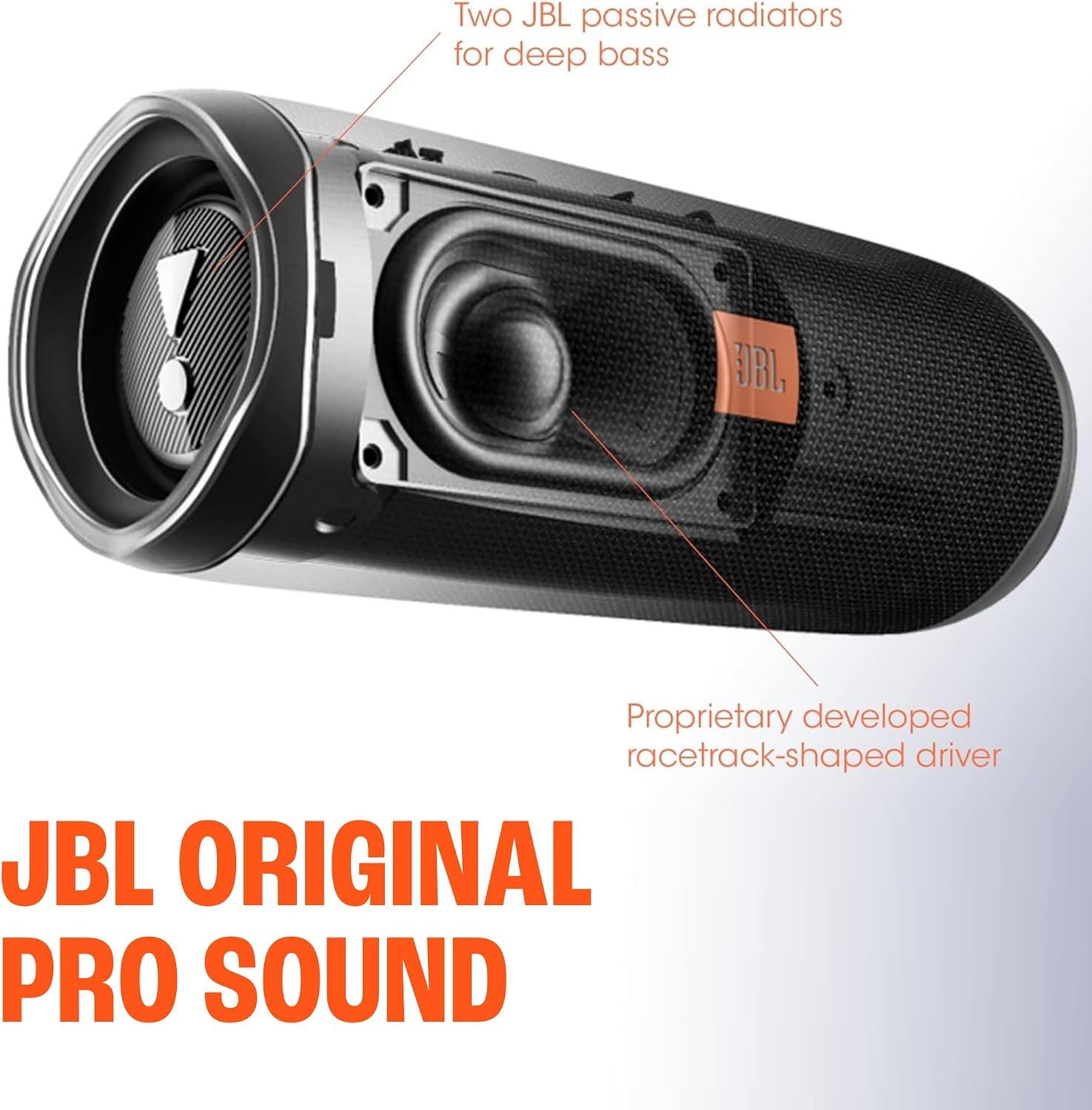 Highlights multiple audio hardware features that deliver deep bass and pro sound quality. Points to the physical speaker components responsible for the sound output.