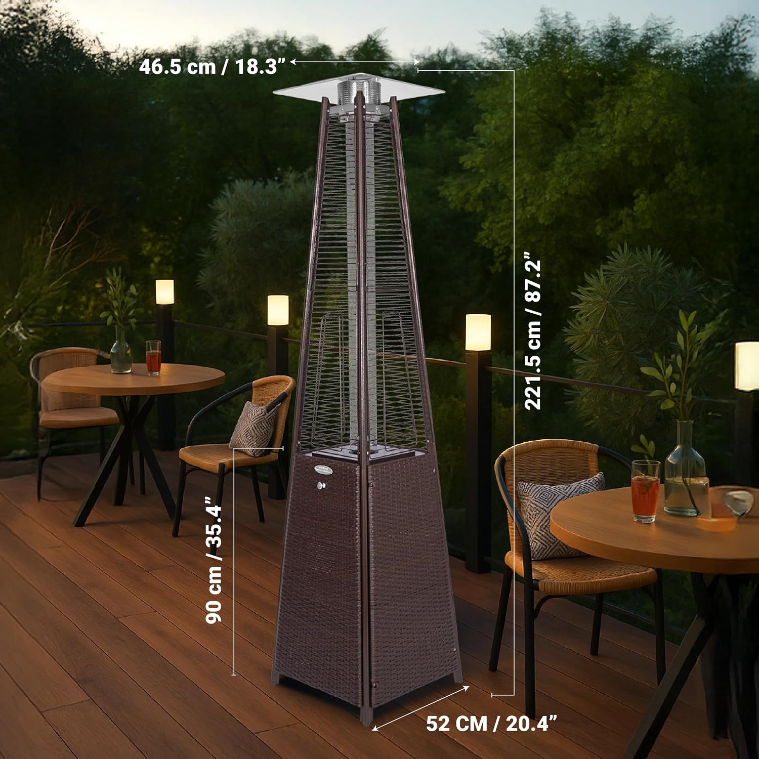 Shows exact physical dimensions so shoppers can confirm the heater fits their patio space. Reinforces that the heater has a slim footprint suited to outdoor dining areas.