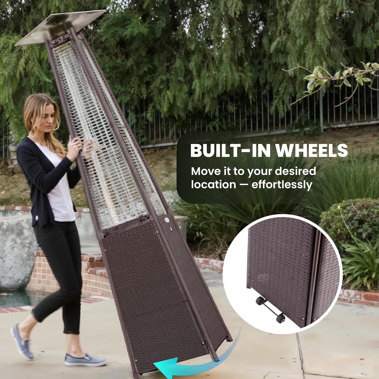 Shows the heater can be easily moved to a desired location by tilting and rolling it.