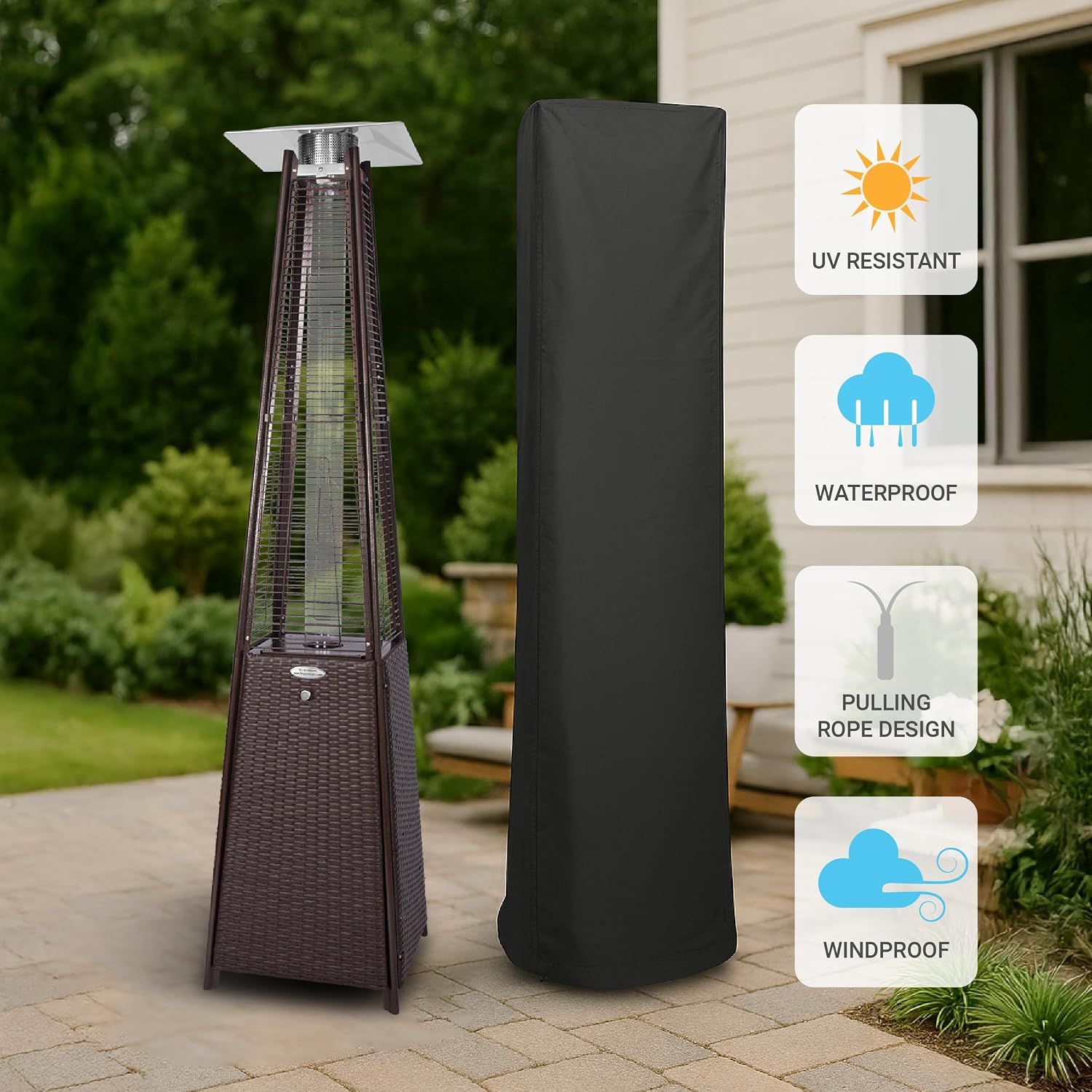 Shows the included cover protects the heater from weather and UV when not in use.