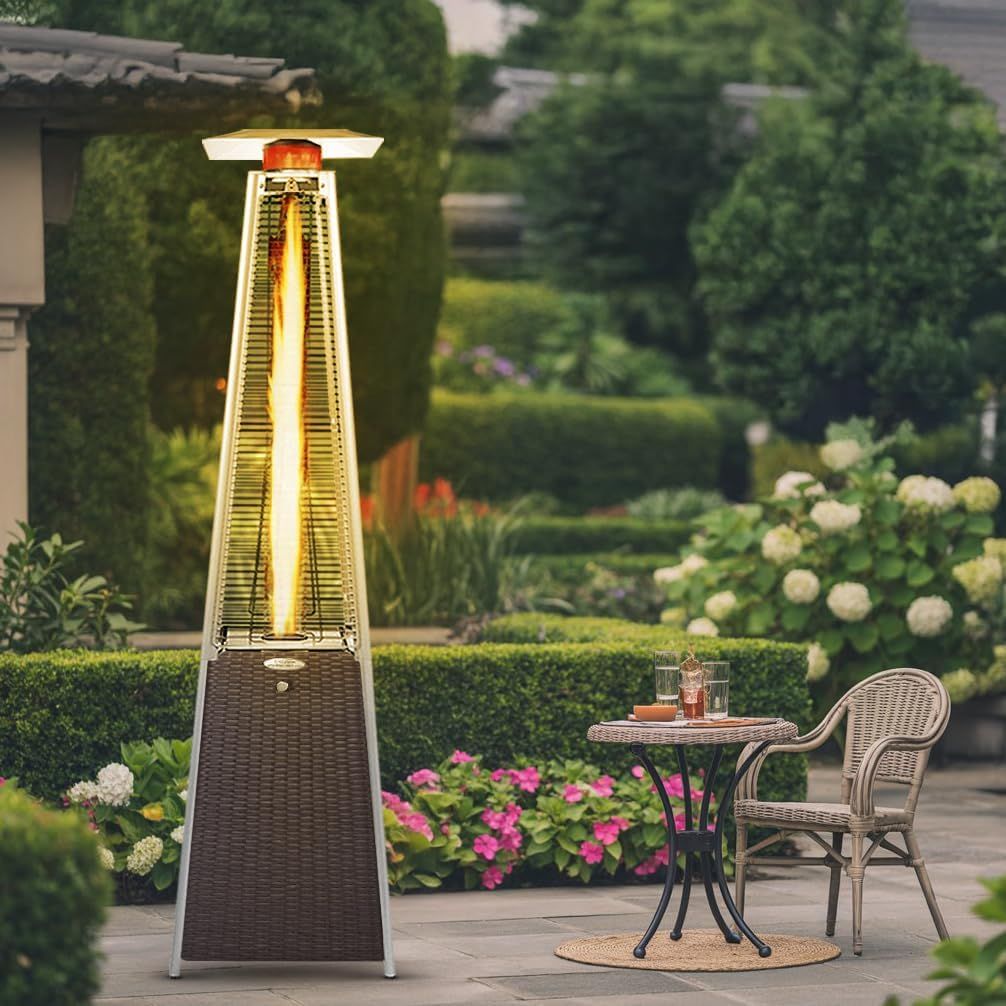 Shows the heater adding warmth and a stylish look to a garden seating area.