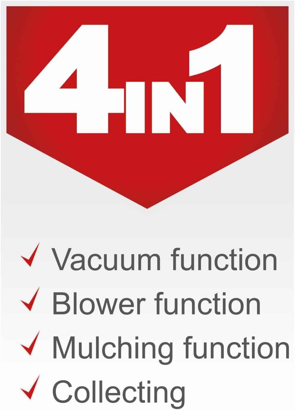 Communicates that the blower delivers four functions in one tool, simplifying the buying decision. Lists the multiple roles the tool plays so shoppers see its versatility across yard tasks.