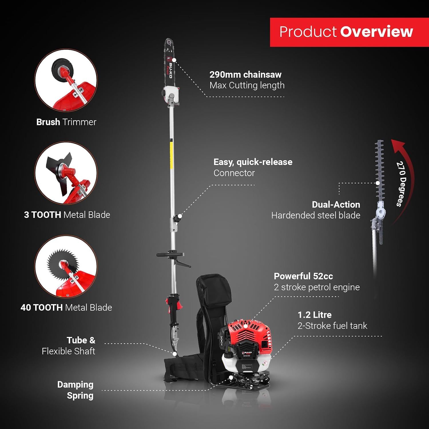 Shows the physical components and attachments included with the backpack pole tool so shoppers understand what the product is made of. Shows the range of attachment heads and parts the buyer…