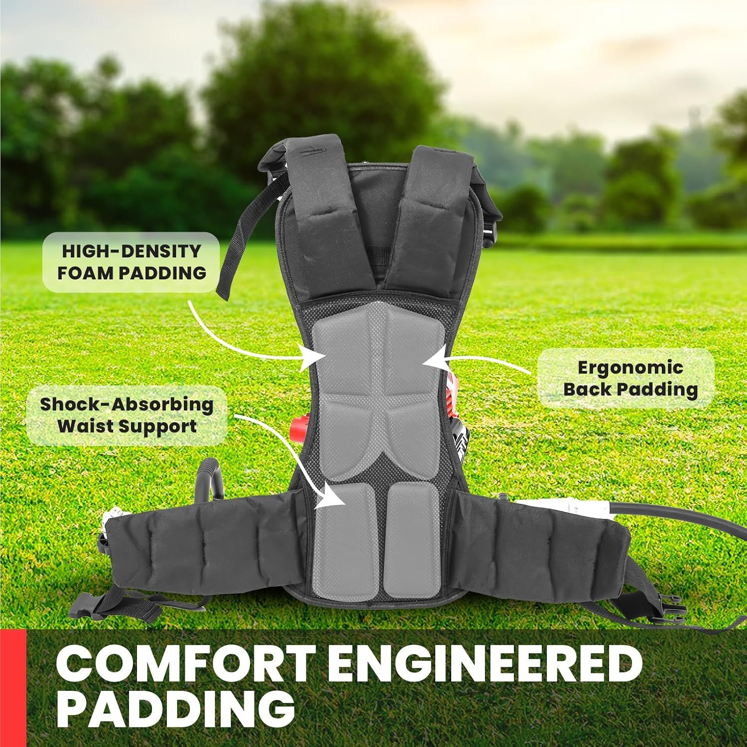 Reassures shoppers that the harness is padded for comfort during long working sessions.