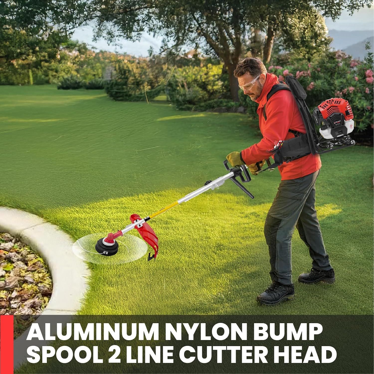 Shows the bump spool 2 line cutter head in use on a lawn edge to communicate easy trimming performance. Highlights the cutter head component being used for lawn edging.