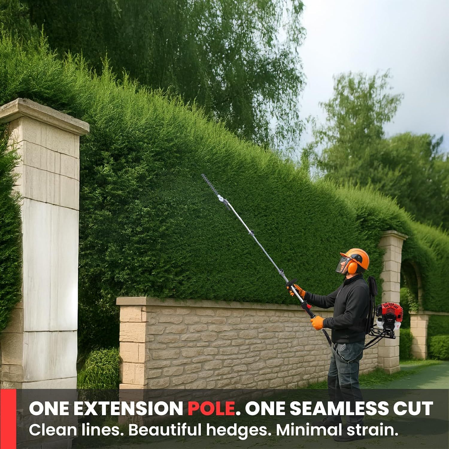 Demonstrates using the extension pole hedge trimmer to achieve clean hedge lines with minimal strain. Communicates that a single extension pole gives clean, even hedge cuts with less effort.