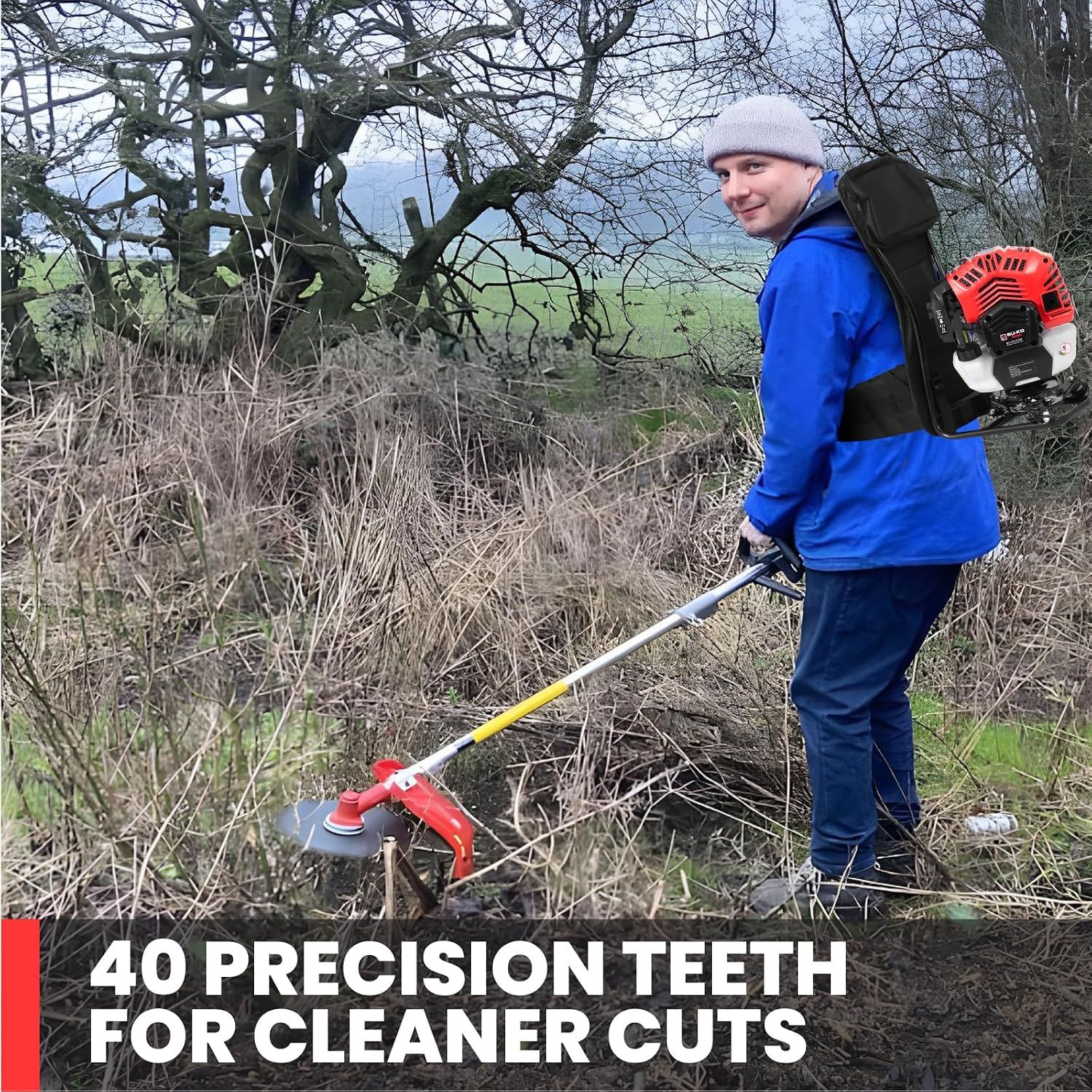 Highlights the 40 tooth blade delivering cleaner cuts when clearing rough brush.
