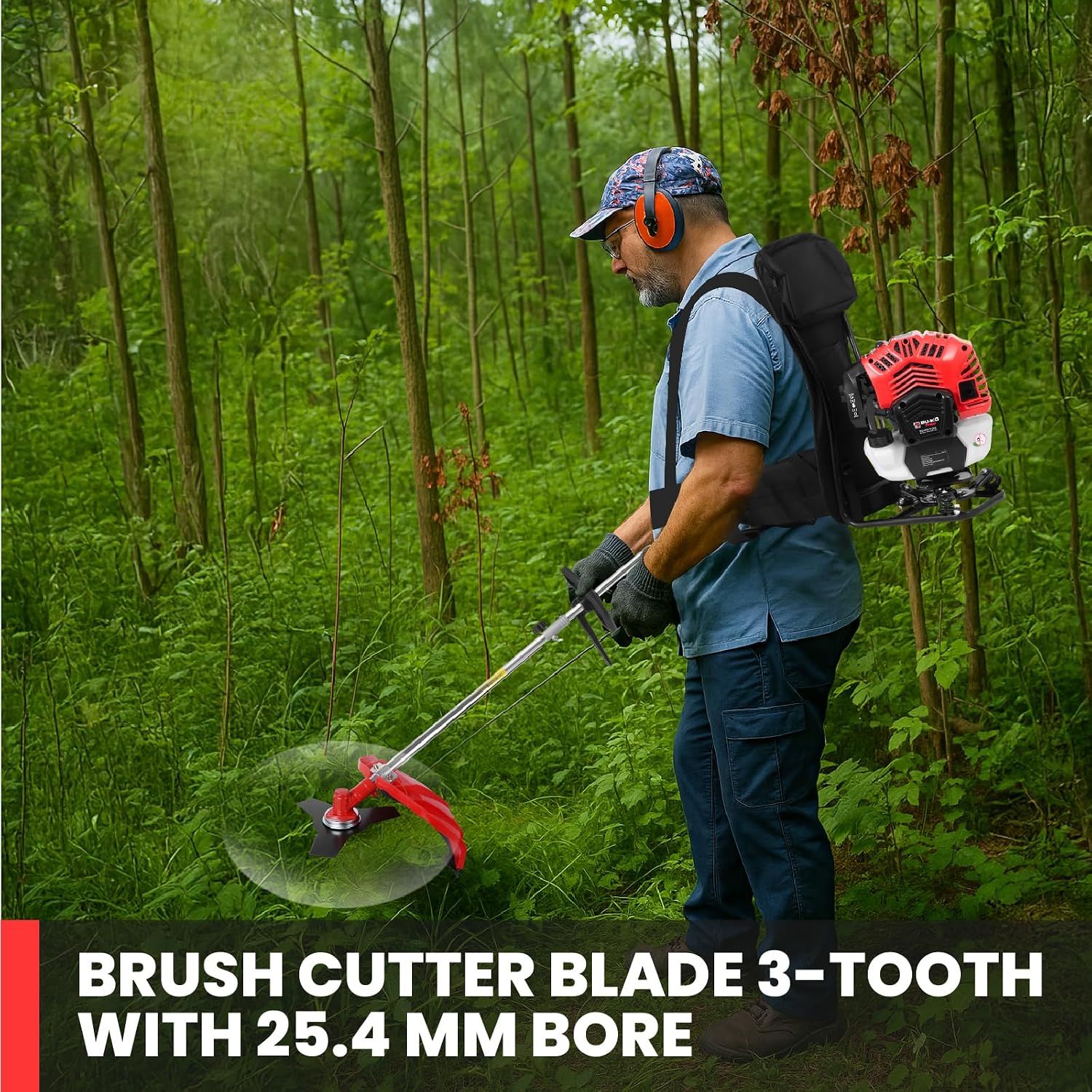 Shows the 3 tooth brush cutter blade with 25.4 mm bore clearing dense forest growth.