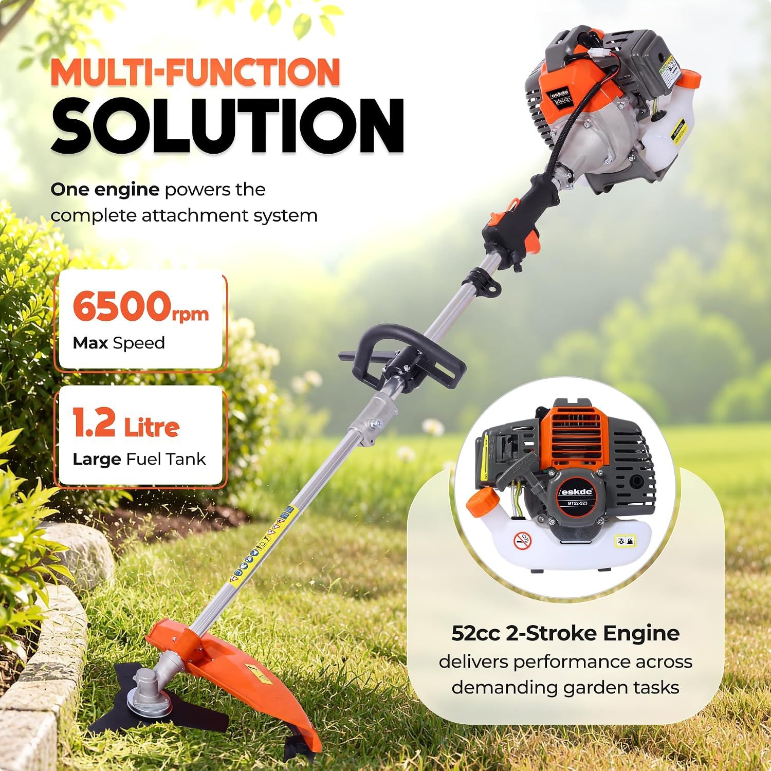 Shows the tool as one engine powering a complete attachment system with strong power and large fuel capacity. Zoomed inset highlights the engine as the core component driving performance.