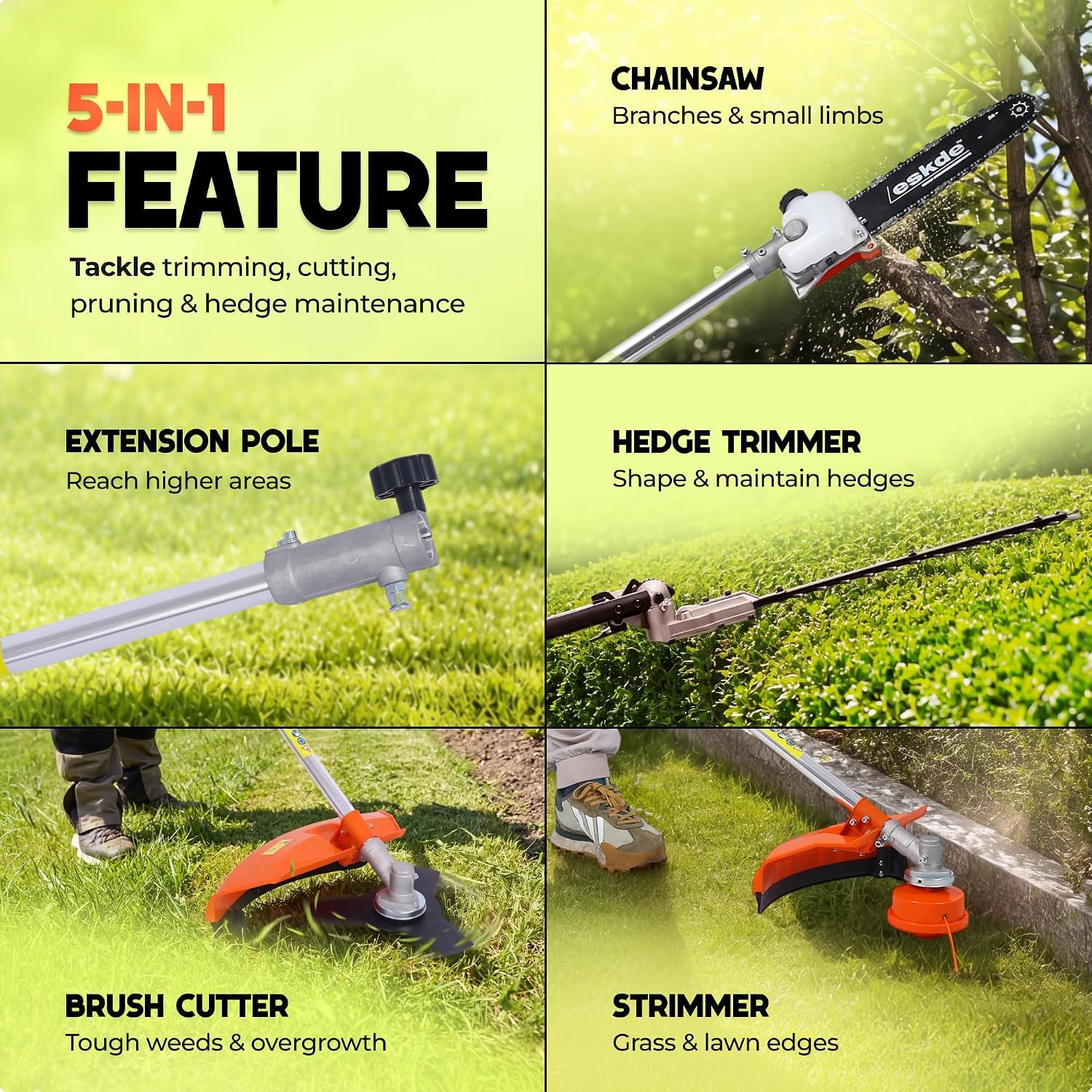 Demonstrates five different garden tasks the single unit can handle. Segmented panels present each attachment as a separate benefit showing the tool replaces several machines.