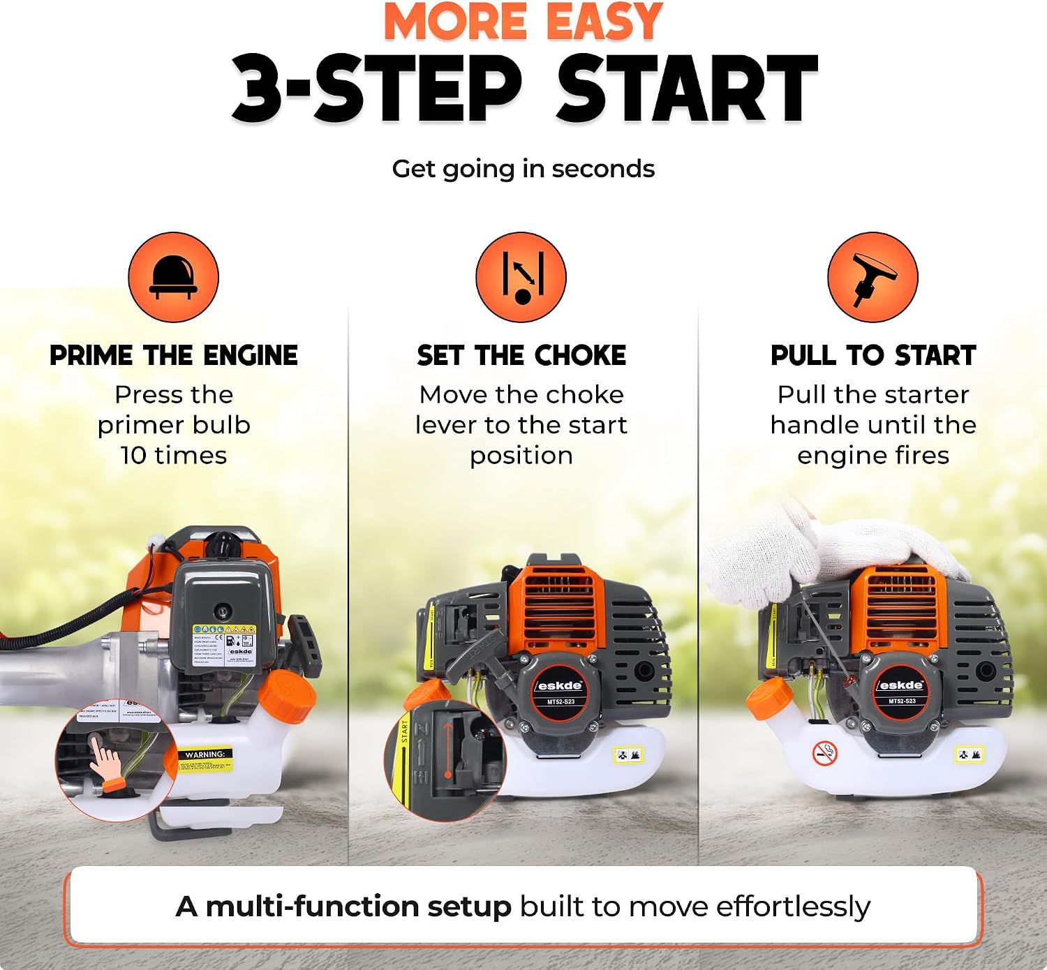 Walks shoppers through a simple three-step starting process to show the engine is easy to start. Segmented steps also reinforce the benefit of quick, effortless startup.