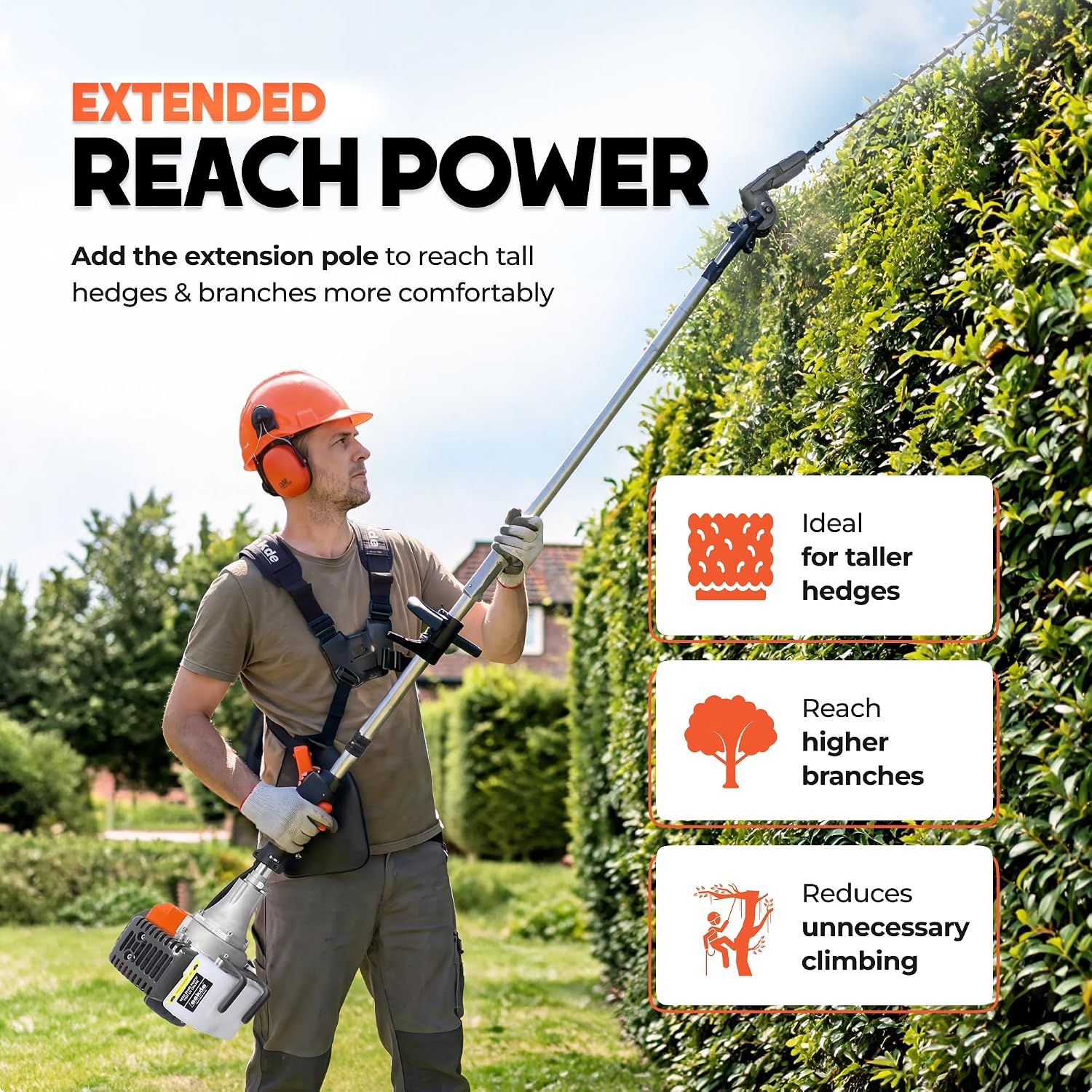 Shows the extension pole used for several reach-related tasks in one layout. Communicates one core benefit that the extension pole gives extra reach without climbing.