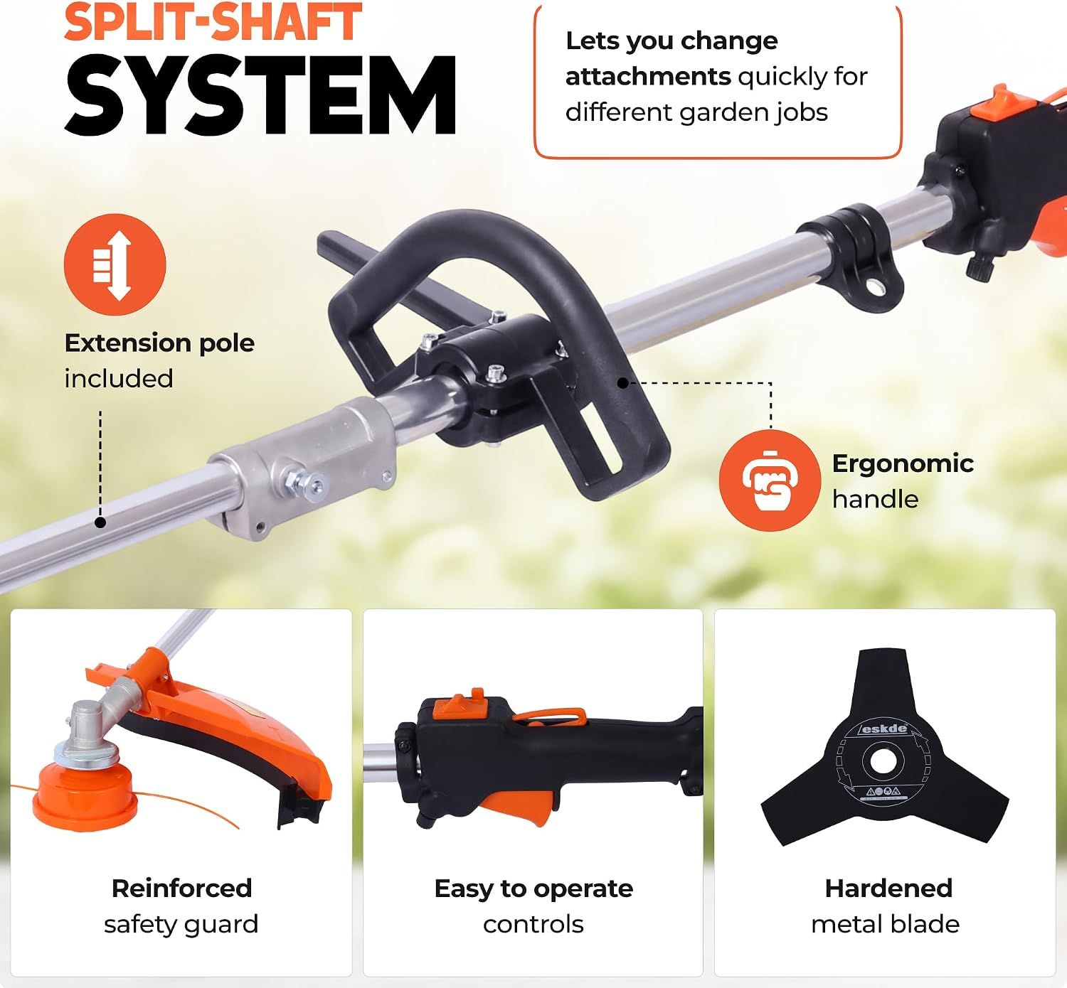 Segmented panels highlight several build features that make attachment changes and control easy and safe. Callouts point to physical components of the split-shaft system and their parts.