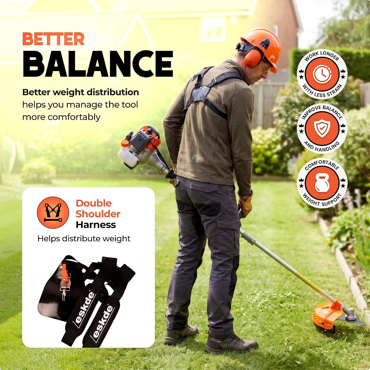 Segmented badges and inset explain how the harness and weight distribution make long use more comfortable. Main message is that the tool is easier to manage and balance during use.
