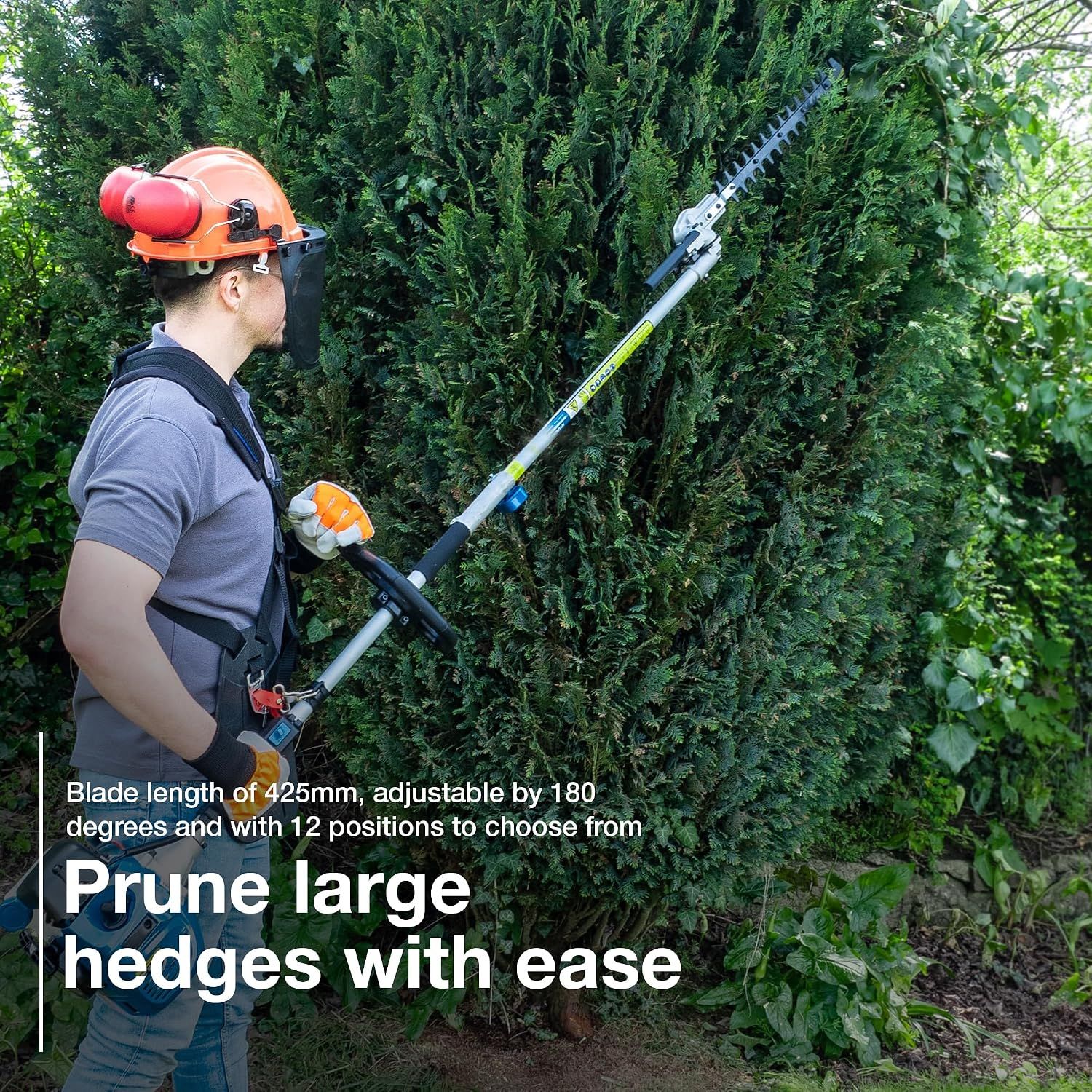 Shows the 425mm blade reaching tall hedges and communicates easy pruning with adjustable blade positions. States the blade length to show the physical cutting size of the hedge trimmer attachment.