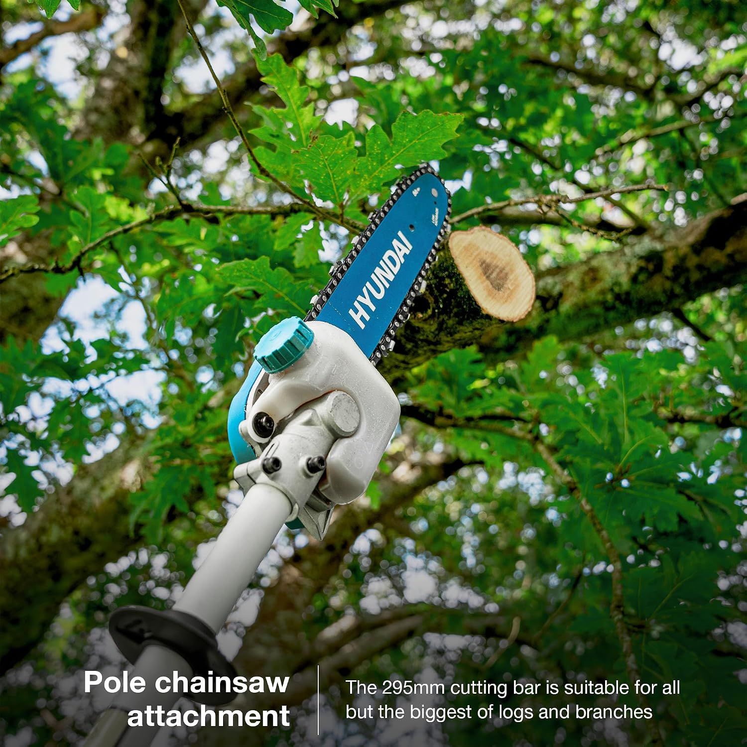 Shows the pole chainsaw attachment cutting high branches and communicates its capability for all but the largest logs.