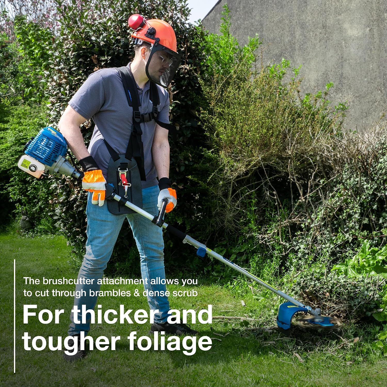 Shows the brushcutter attachment clearing brambles and dense scrub, communicating power for tough foliage.