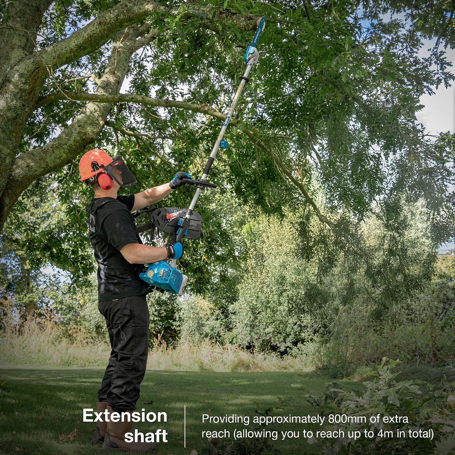 Shows the extension shaft reaching high branches and communicates approximately 4m total reach. States the added length of the extension shaft to show its physical reach dimension.