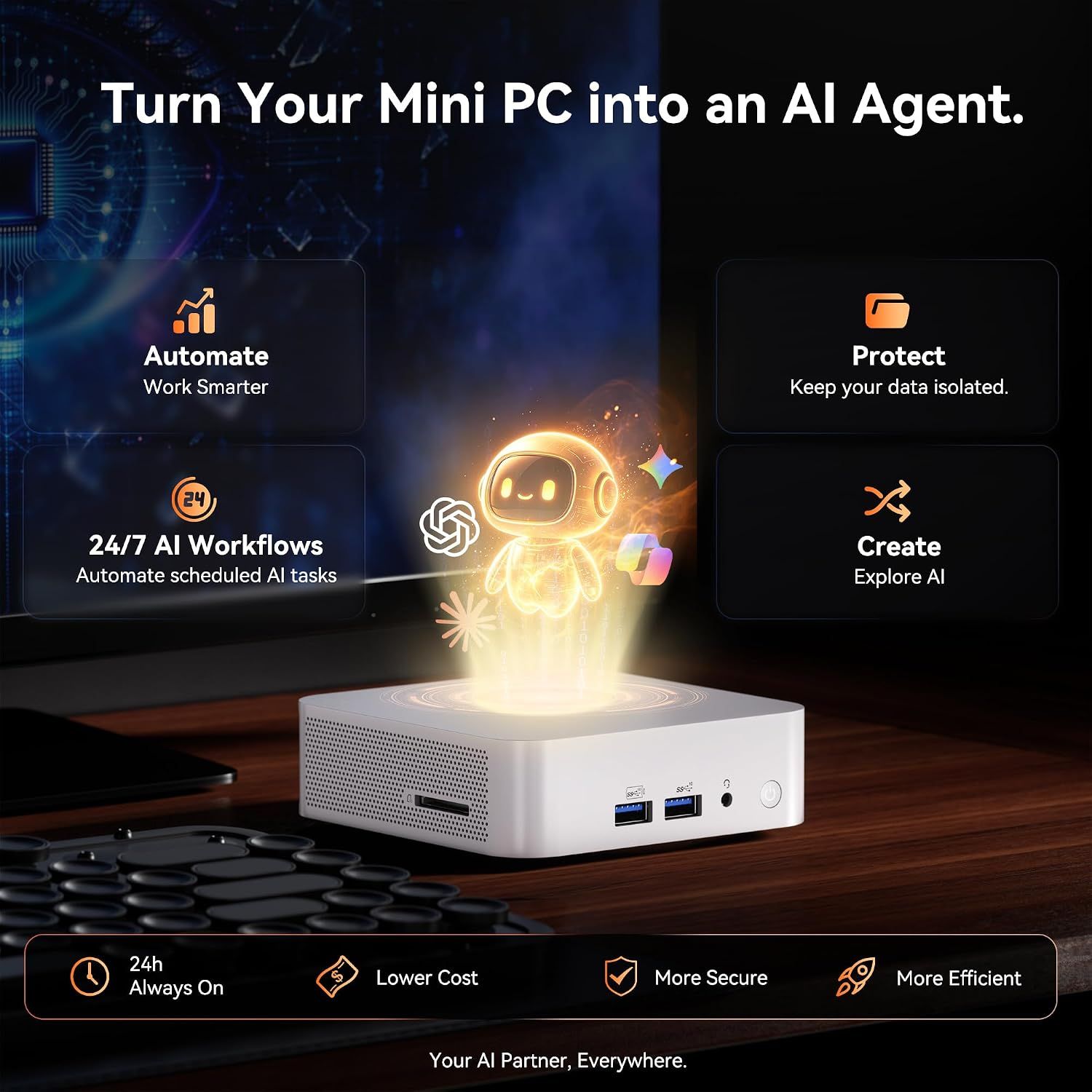 Positions the mini PC as a 24/7 AI assistant that automates tasks while keeping data secure. Highlights several AI-related advantages in segmented panels for shoppers considering AI use.