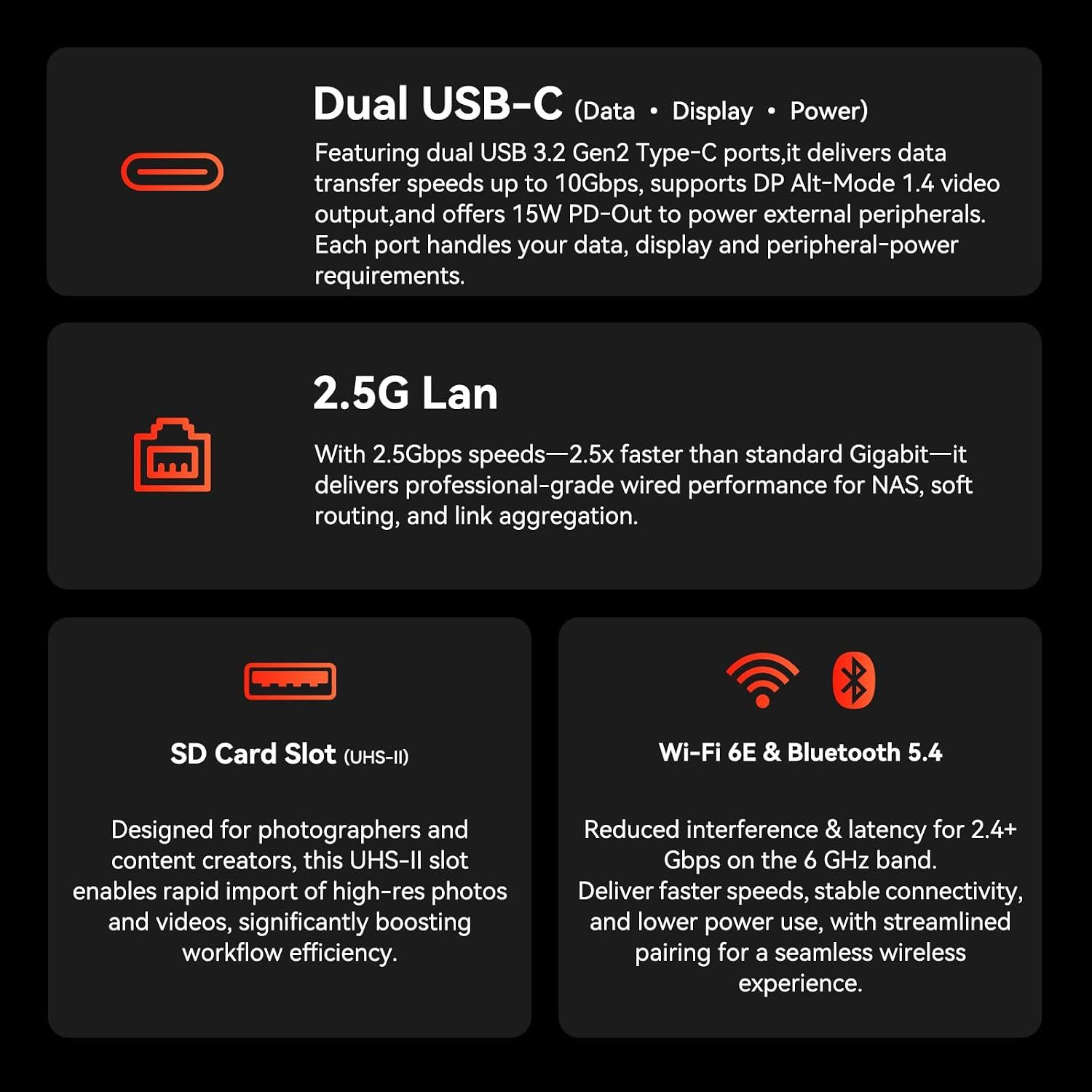 Lists connectivity features in segmented panels so shoppers can confirm the ports and wireless support they need.