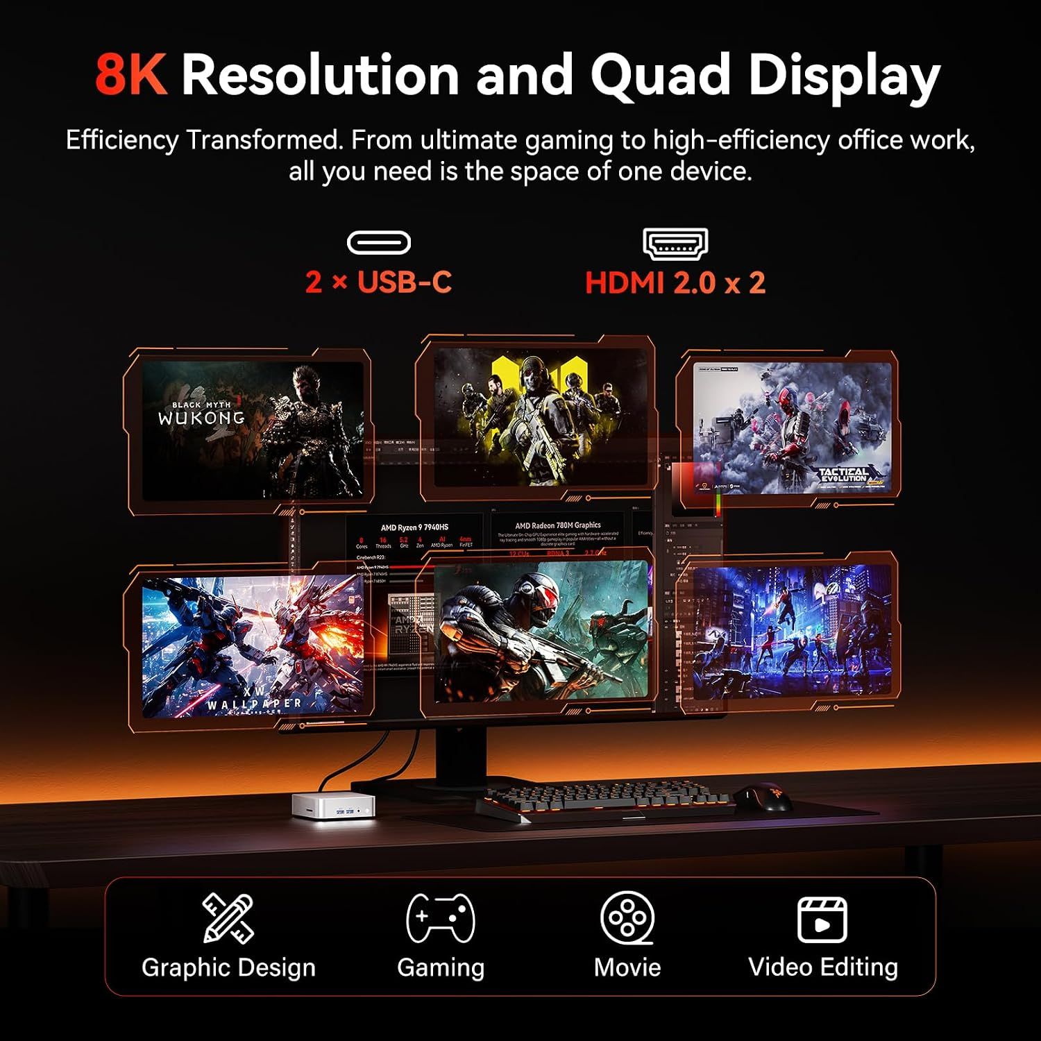 Shows the machine driving multiple high-resolution displays for demanding visual work and gaming. Demonstrates the PC being used across several creative and entertainment scenarios.