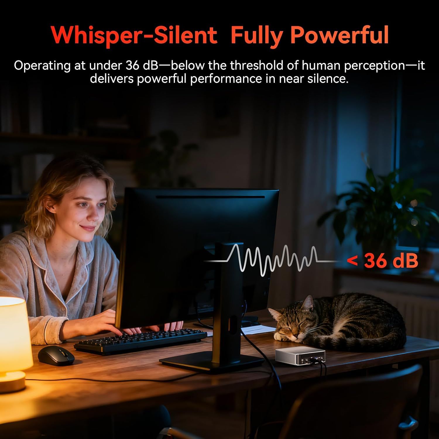 Reassures shoppers that the PC runs quietly enough for shared or quiet spaces. Shows a relaxed home setting, but seasonal tagging is not clearly supported here.