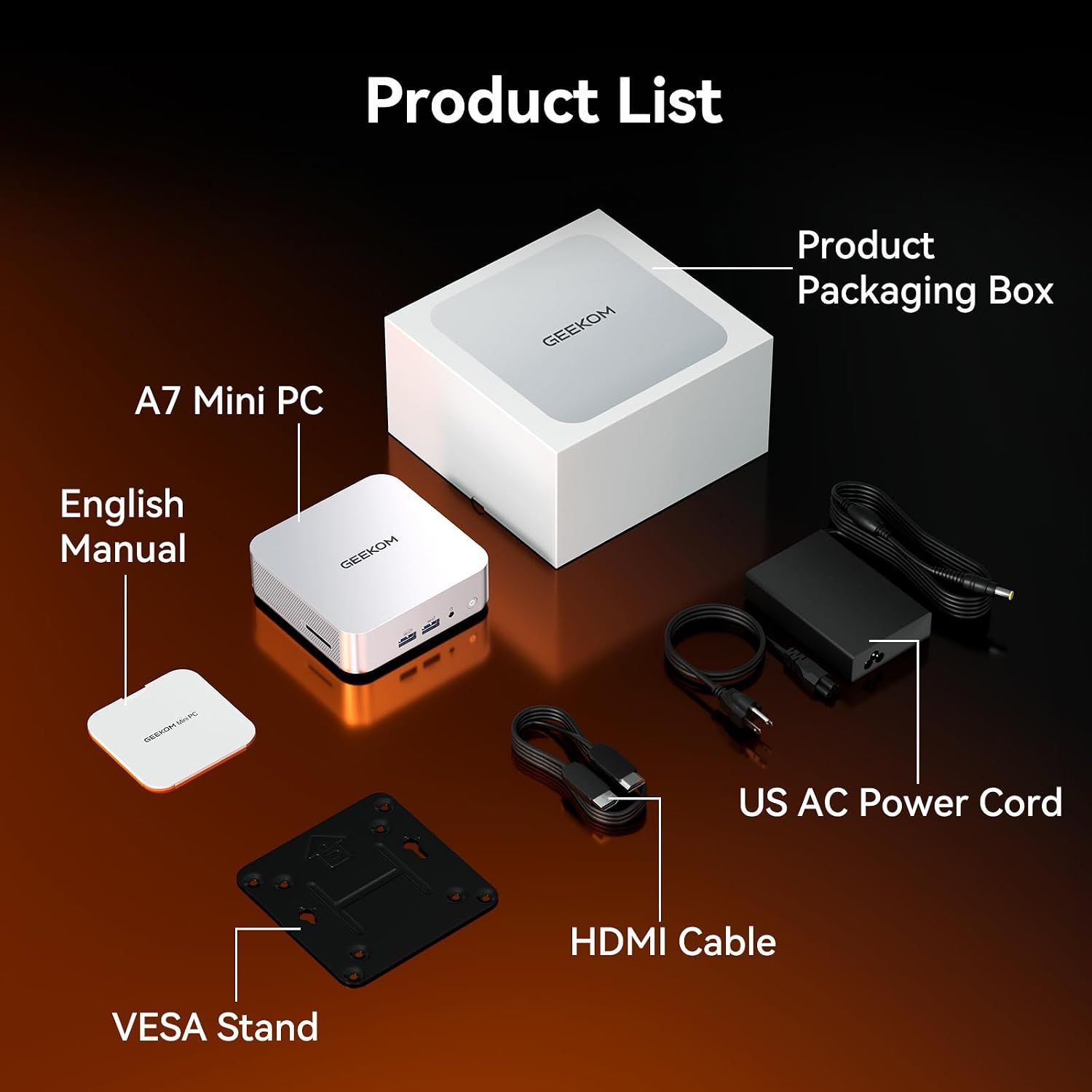 Shows everything included in the box so shoppers know what they receive with the mini PC.