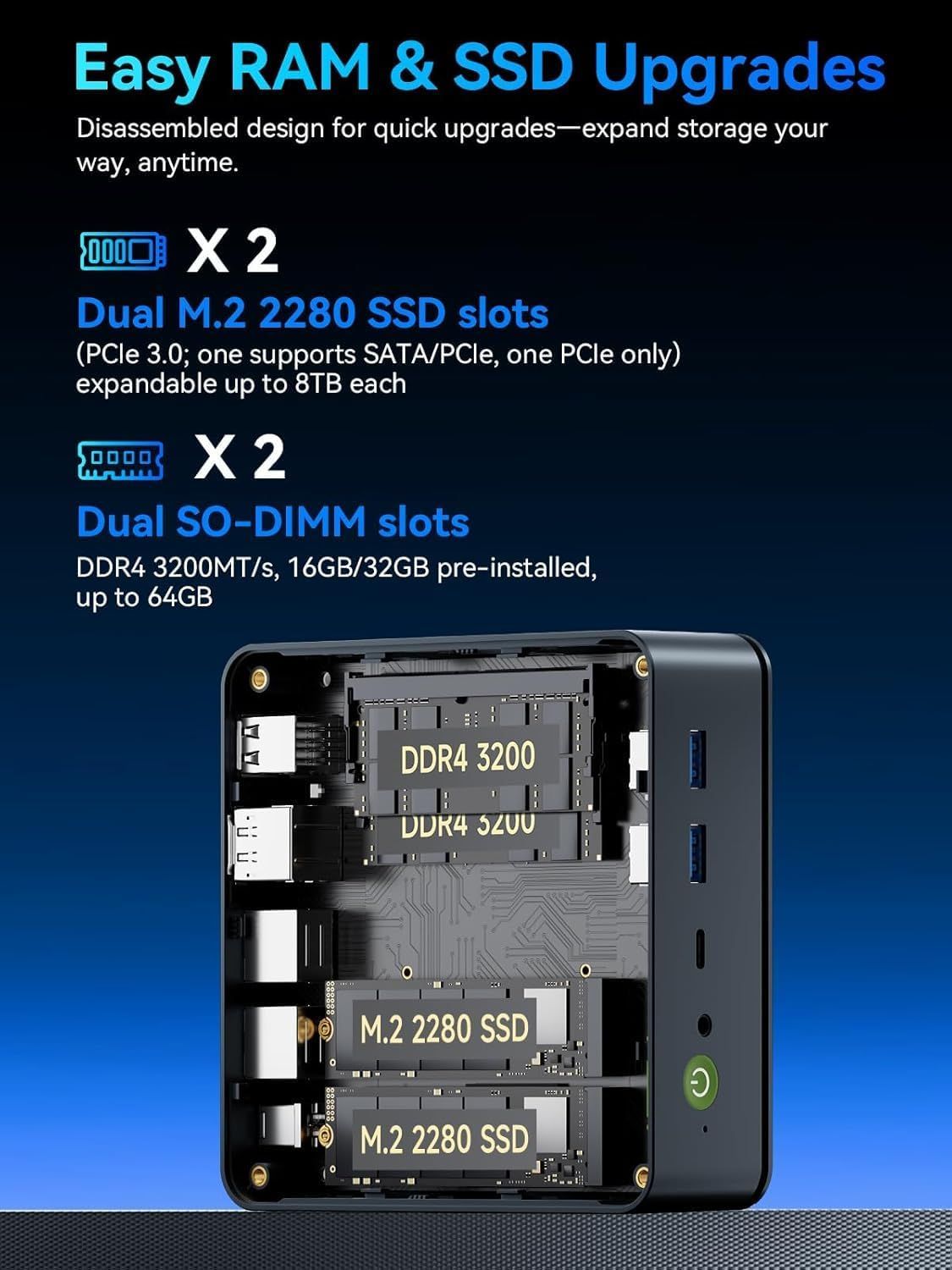 Highlights the upgradeable design with two SSD slots and two RAM slots so shoppers know they can expand later. Shows the internal layout of the chassis to prove the components are accessible for…