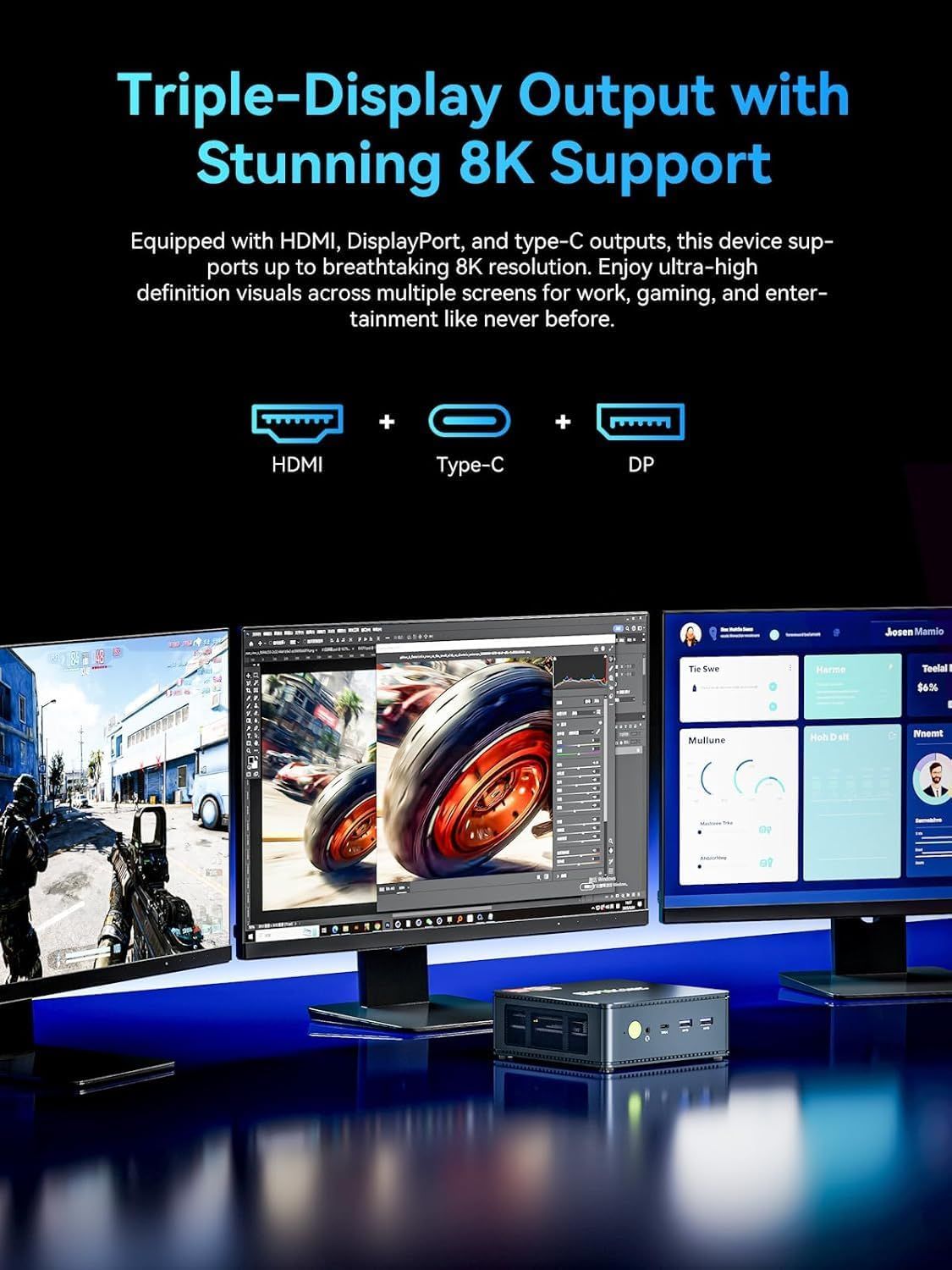 Shows the PC driving three monitors across gaming, creative editing, and business dashboards. Communicates that the device supports triple display output with 8K resolution.