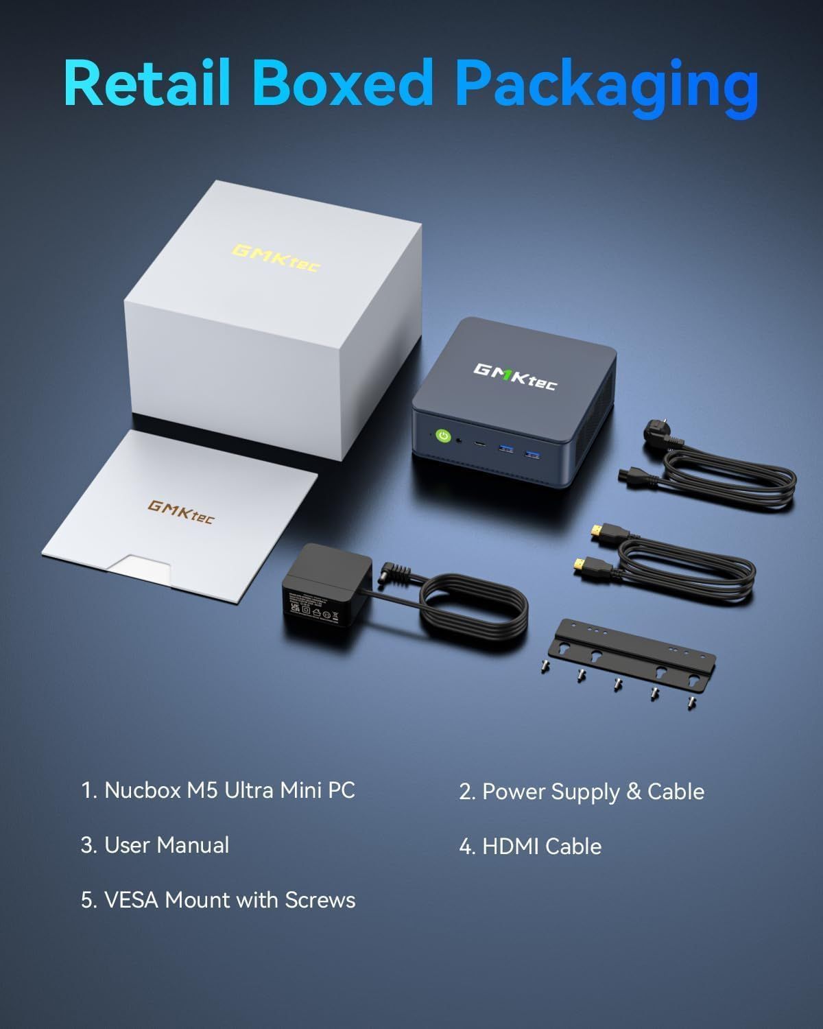 Shows the retail box and everything included, establishing the GMKtec brand and product package. Lists every item the buyer receives in the box so shoppers know what is included.