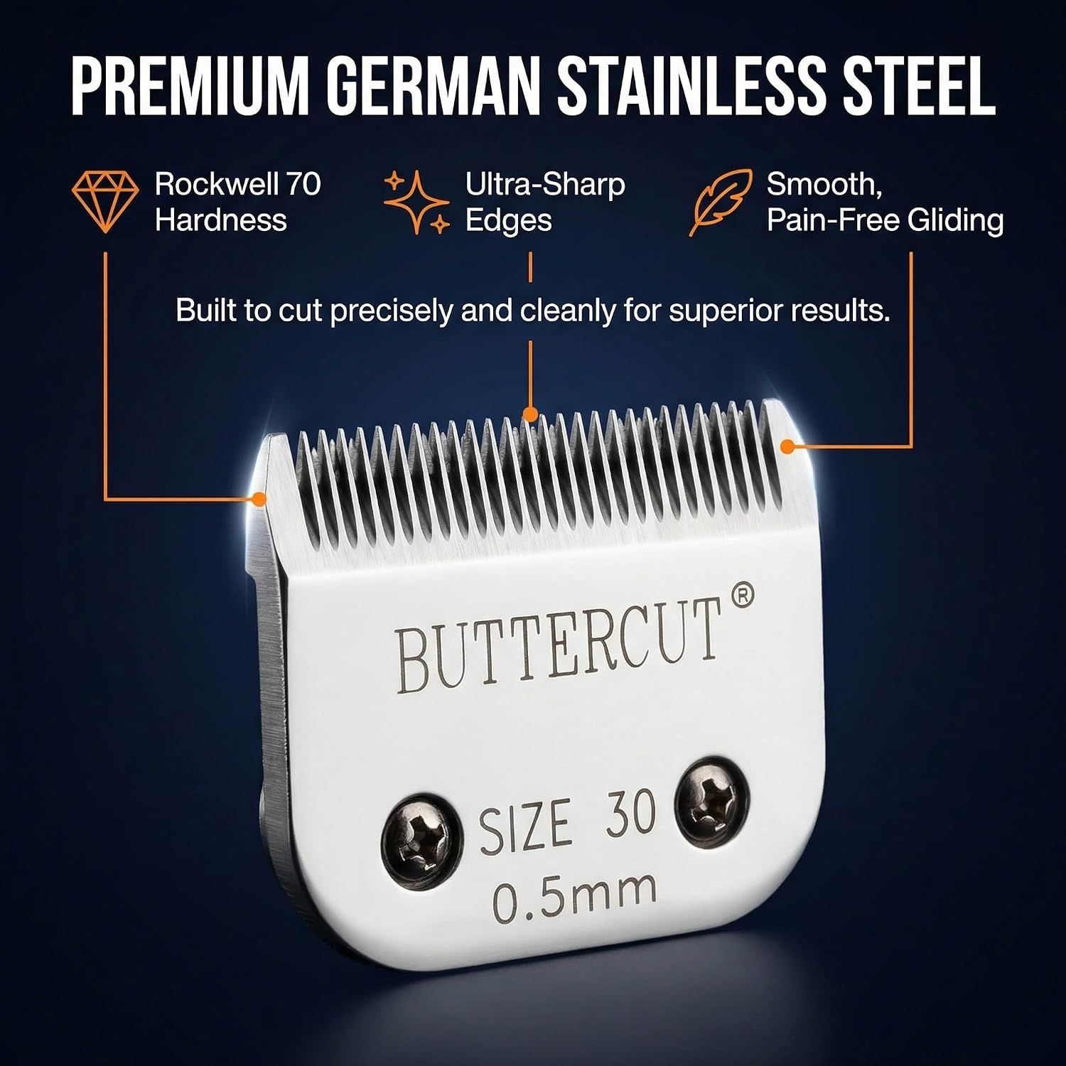 Highlights multiple blade quality benefits from German stainless steel construction to reassure shoppers of precise, comfortable cutting.
