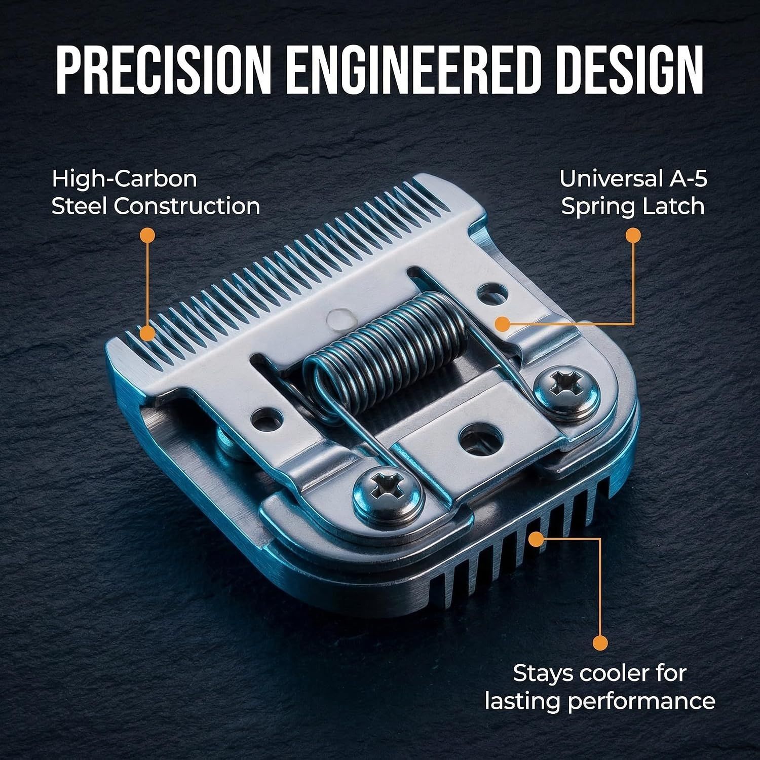 Breaks down the blade underside parts to show its engineered construction, latch design, and cooling fins for lasting performance.