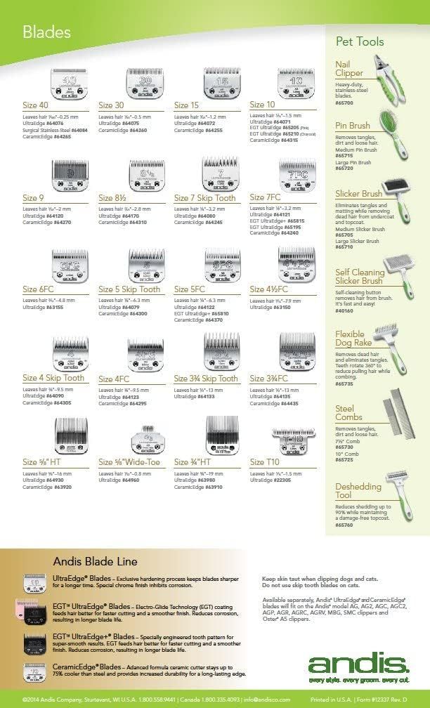 Shows blade size options with cutting lengths to help shoppers choose the right blade for their pet grooming needs. Presents the Andis blade and pet tool portfolio to reinforce the brand range of…