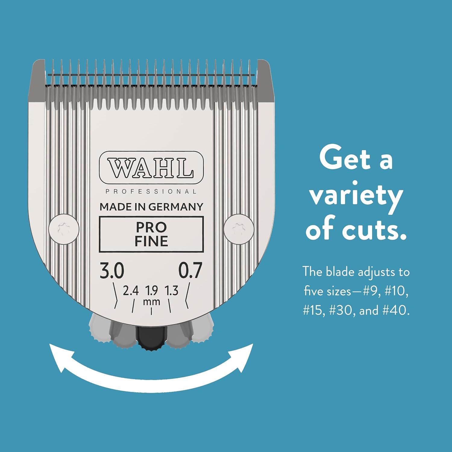 Shows the blade suits multiple cutting styles across five sizes, reassuring shoppers it covers many grooming needs.