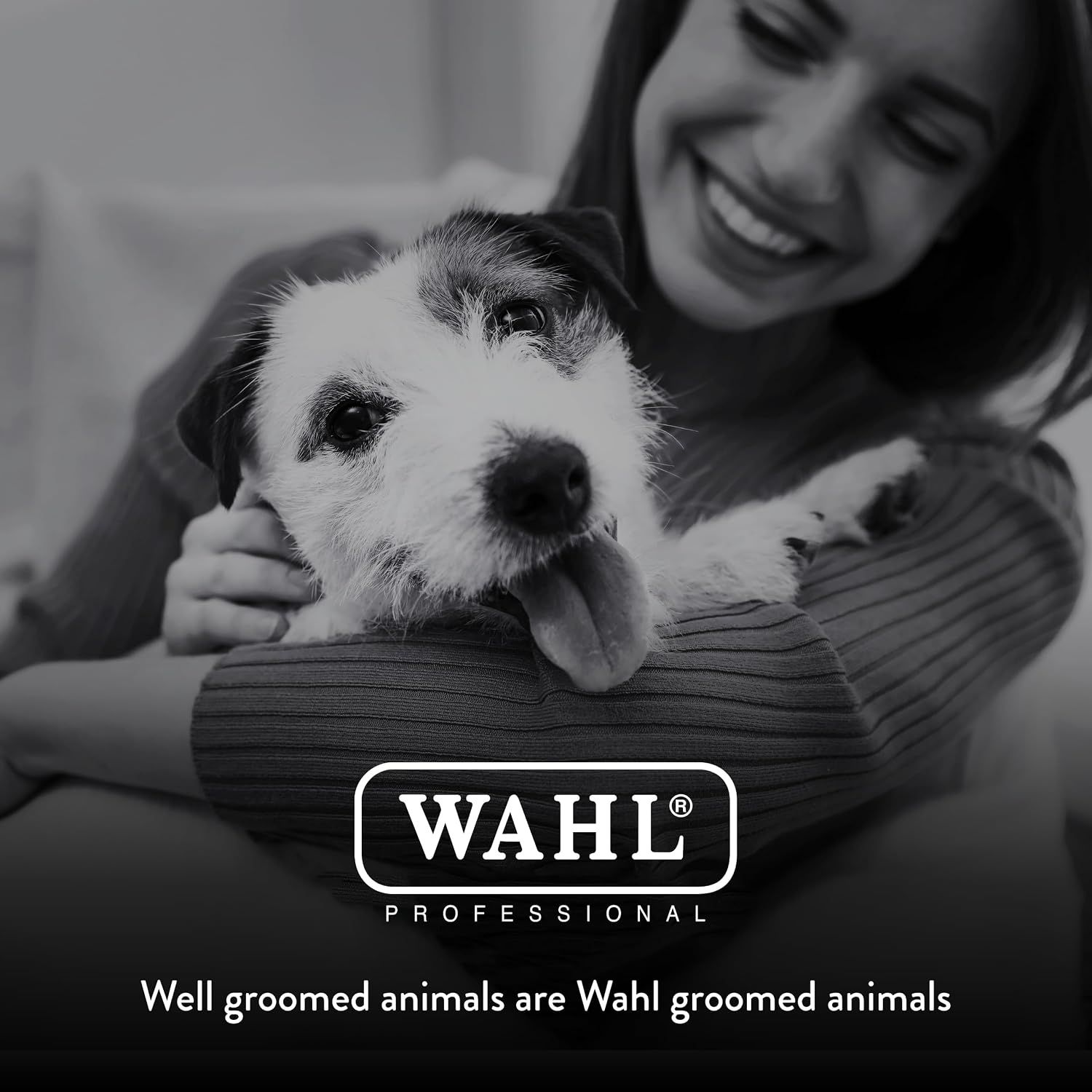 Reinforces the Wahl brand with an emotional tagline about groomed pets and a happy owner moment.