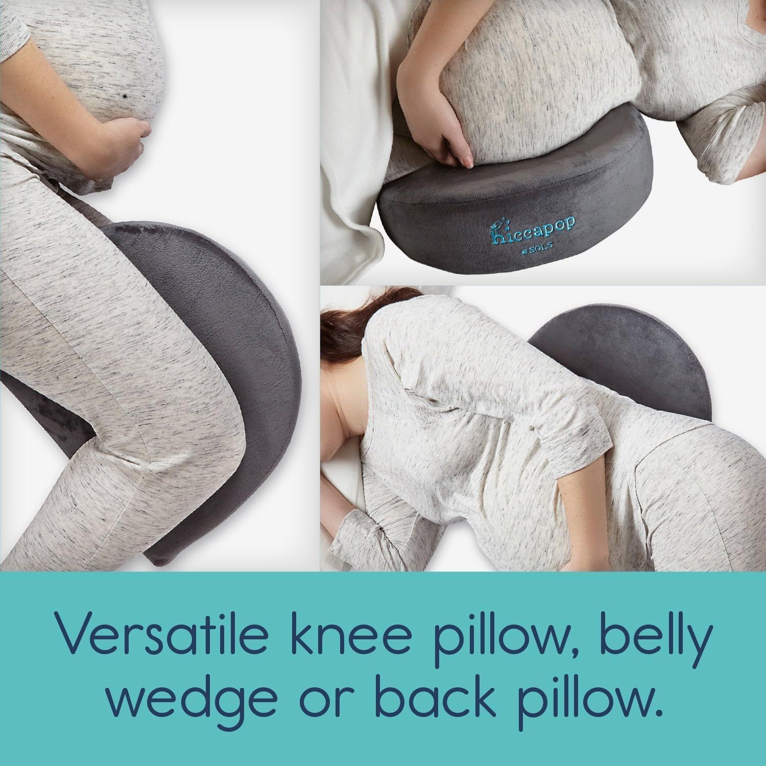 Shows the pillow working as a knee pillow, belly wedge, or back pillow to reassure shoppers it serves multiple comfort needs. Demonstrates several body-support uses so shoppers see the pillow fits…